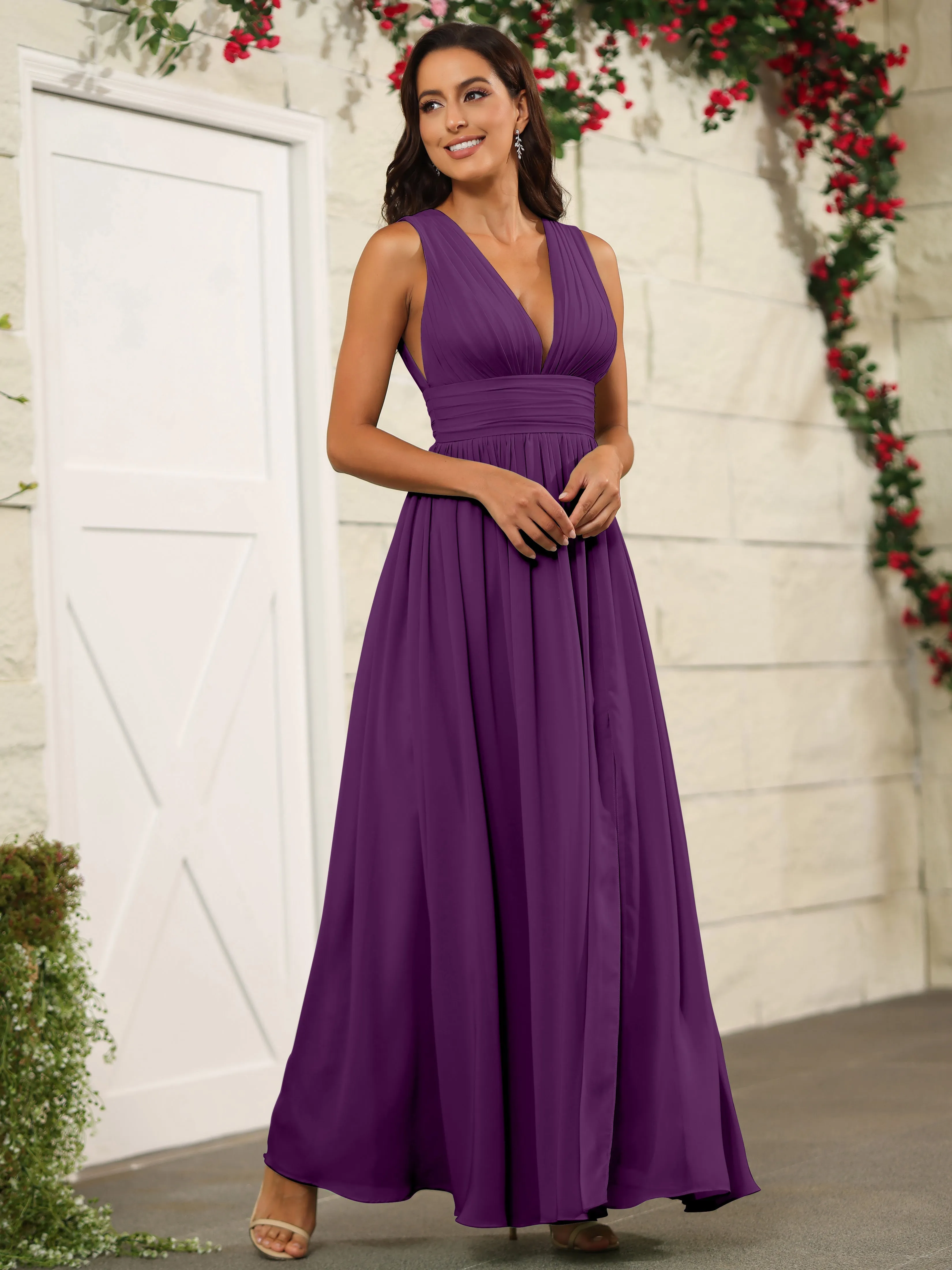 Charming V-Neck Chiffon Floor Length Bridesmaid Dresses with Split
