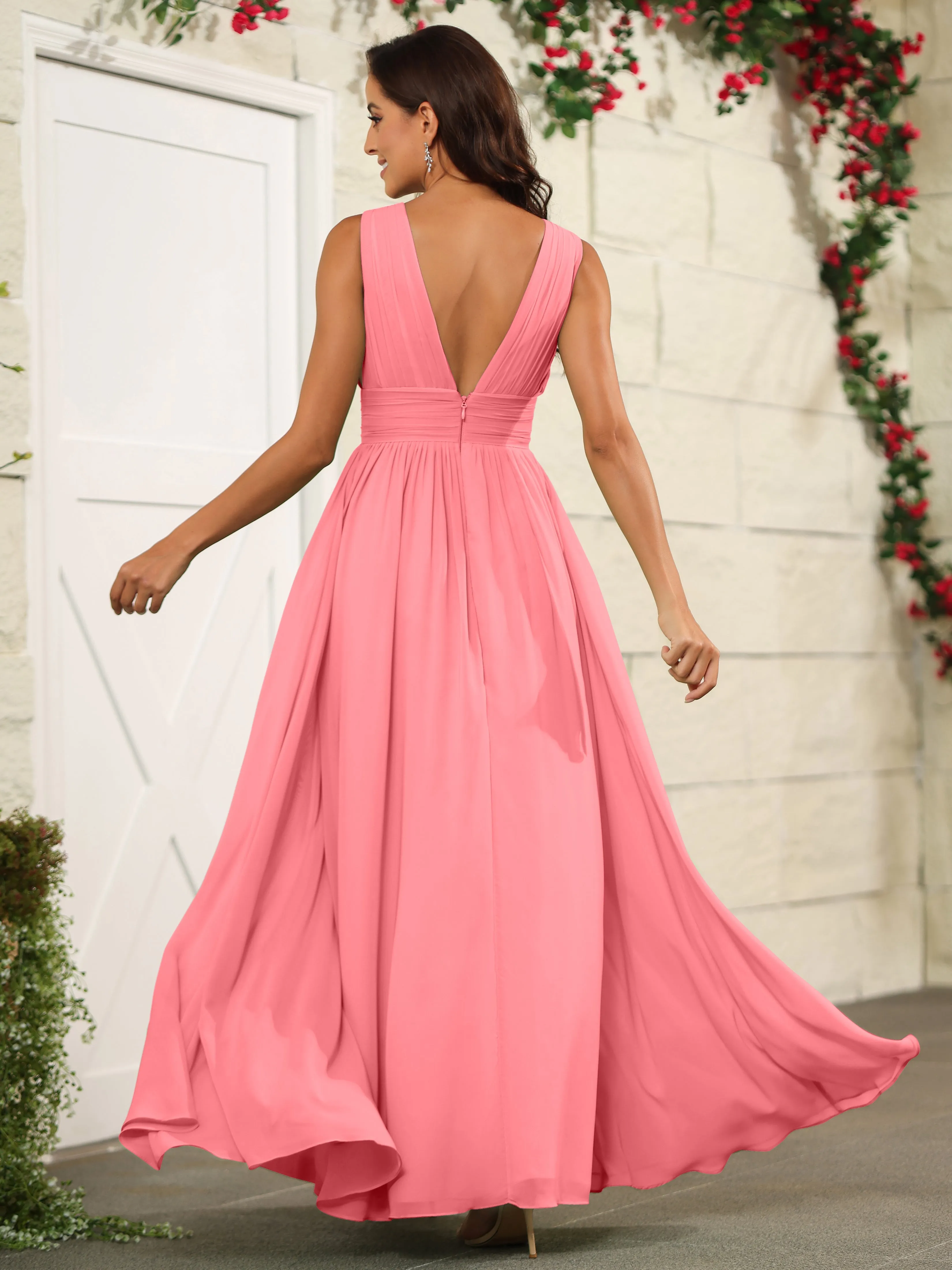 Charming V-Neck Chiffon Floor Length Bridesmaid Dresses with Split
