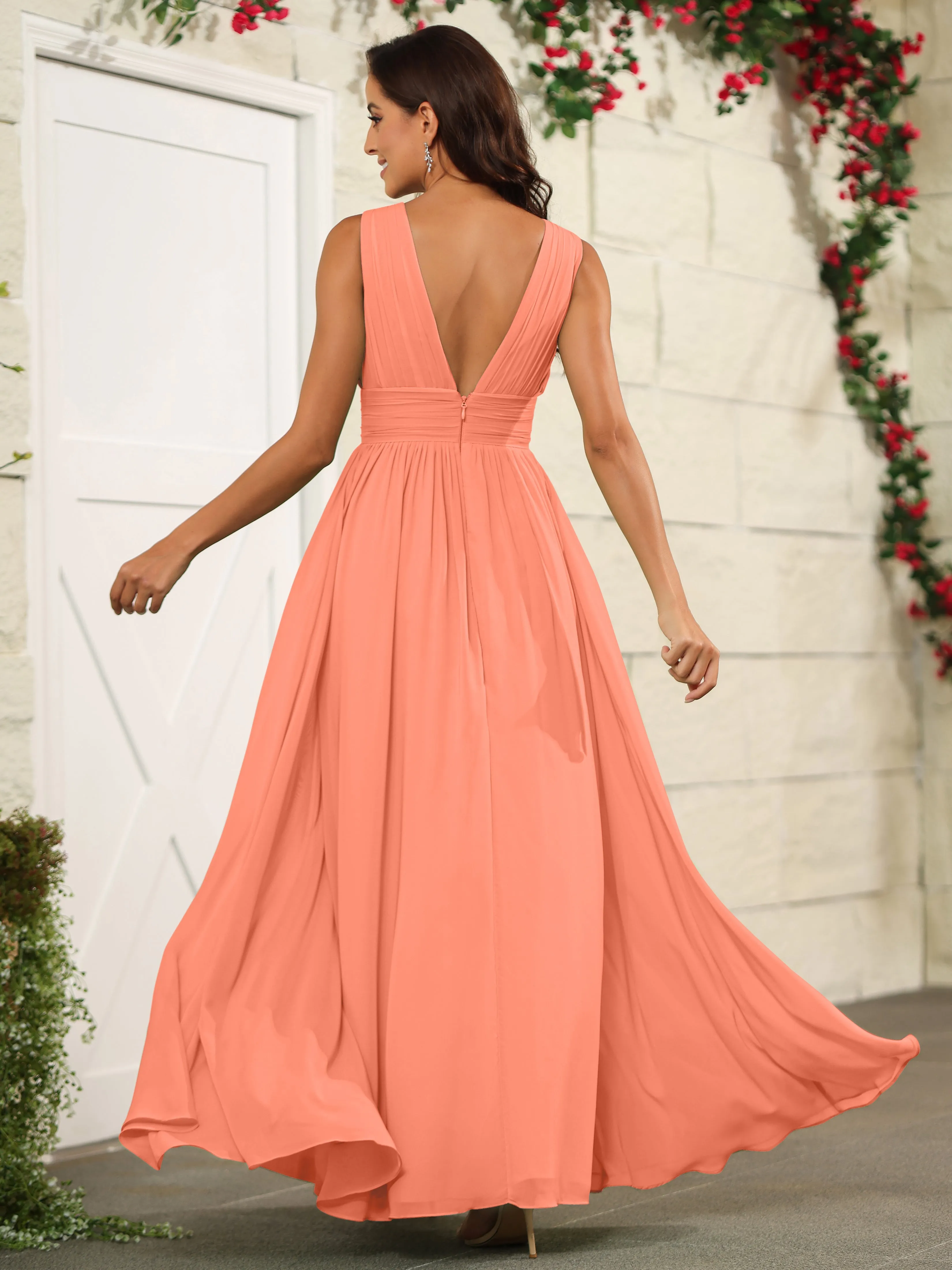 Charming V-Neck Chiffon Floor Length Bridesmaid Dresses with Split