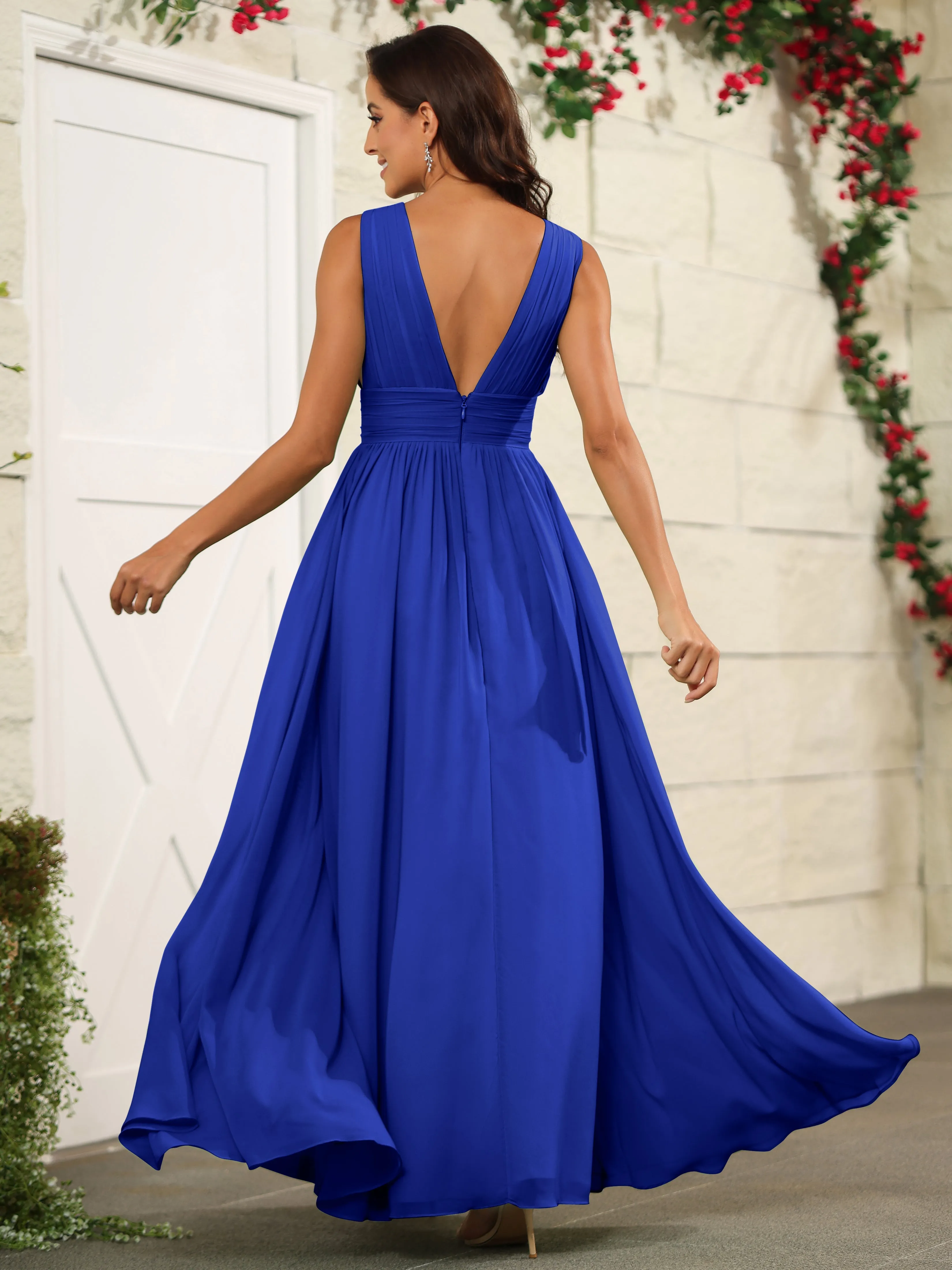 Charming V-Neck Chiffon Floor Length Bridesmaid Dresses with Split