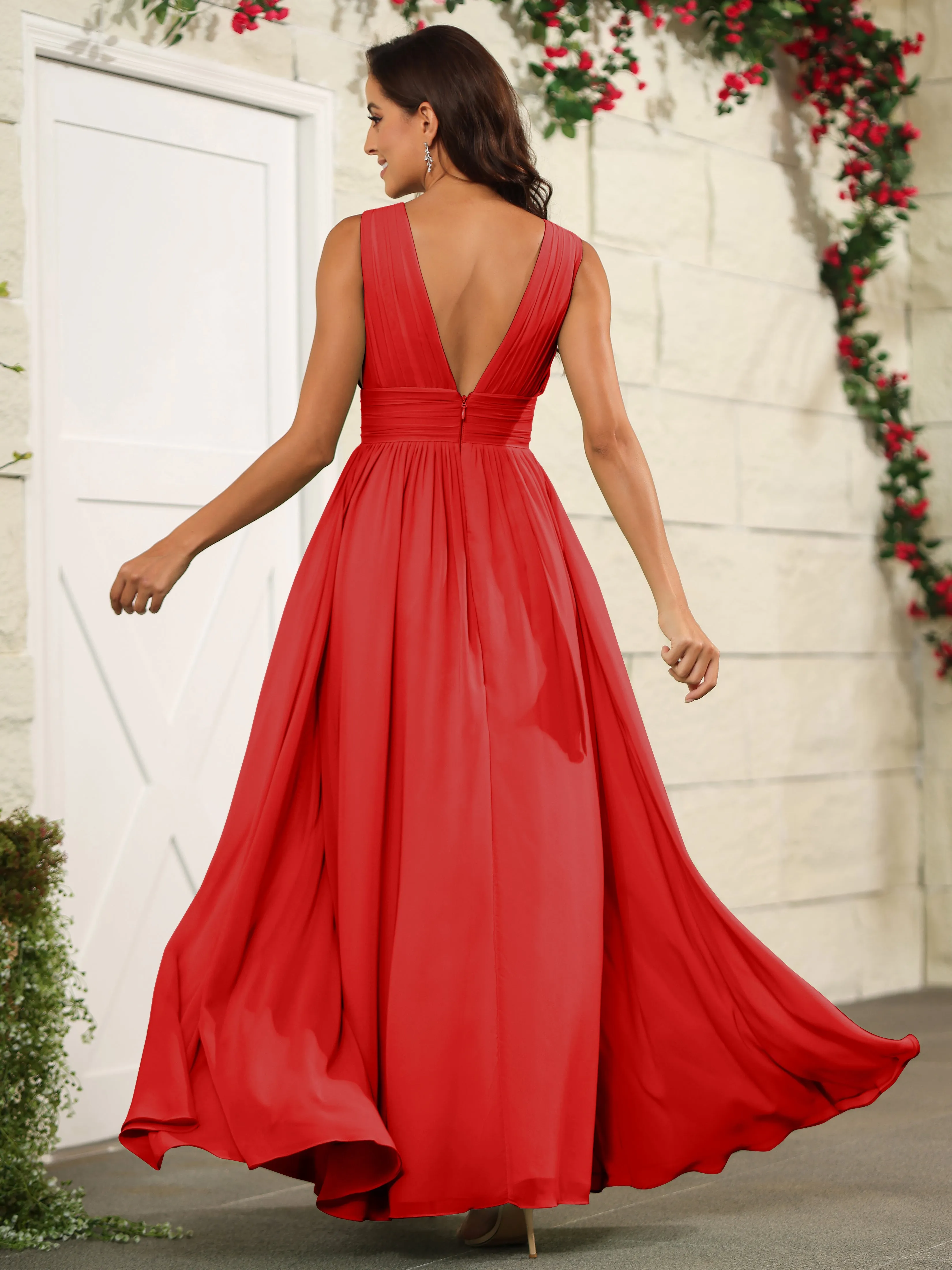 Charming V-Neck Chiffon Floor Length Bridesmaid Dresses with Split