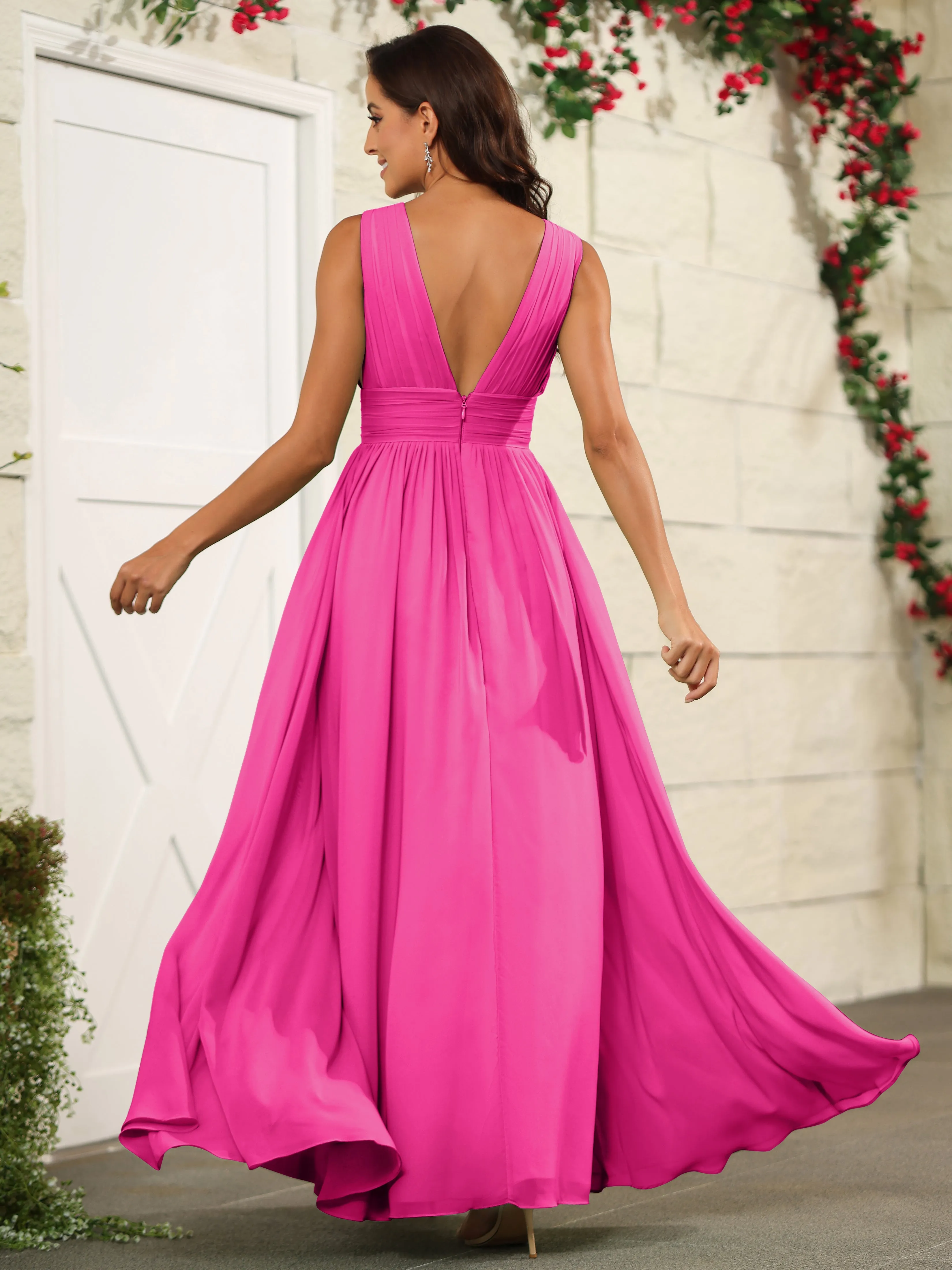 Charming V-Neck Chiffon Floor Length Bridesmaid Dresses with Split