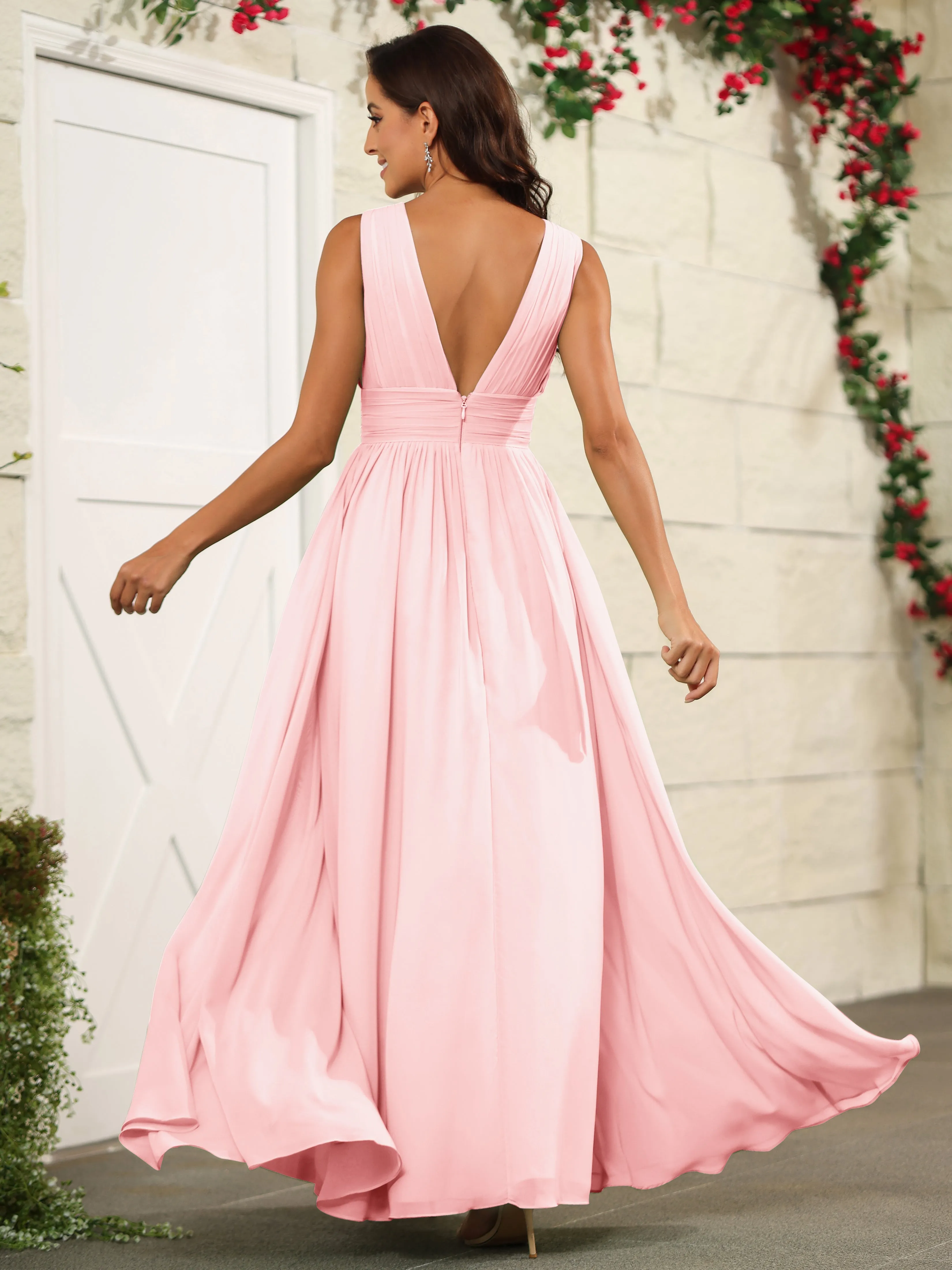 Charming V-Neck Chiffon Floor Length Bridesmaid Dresses with Split