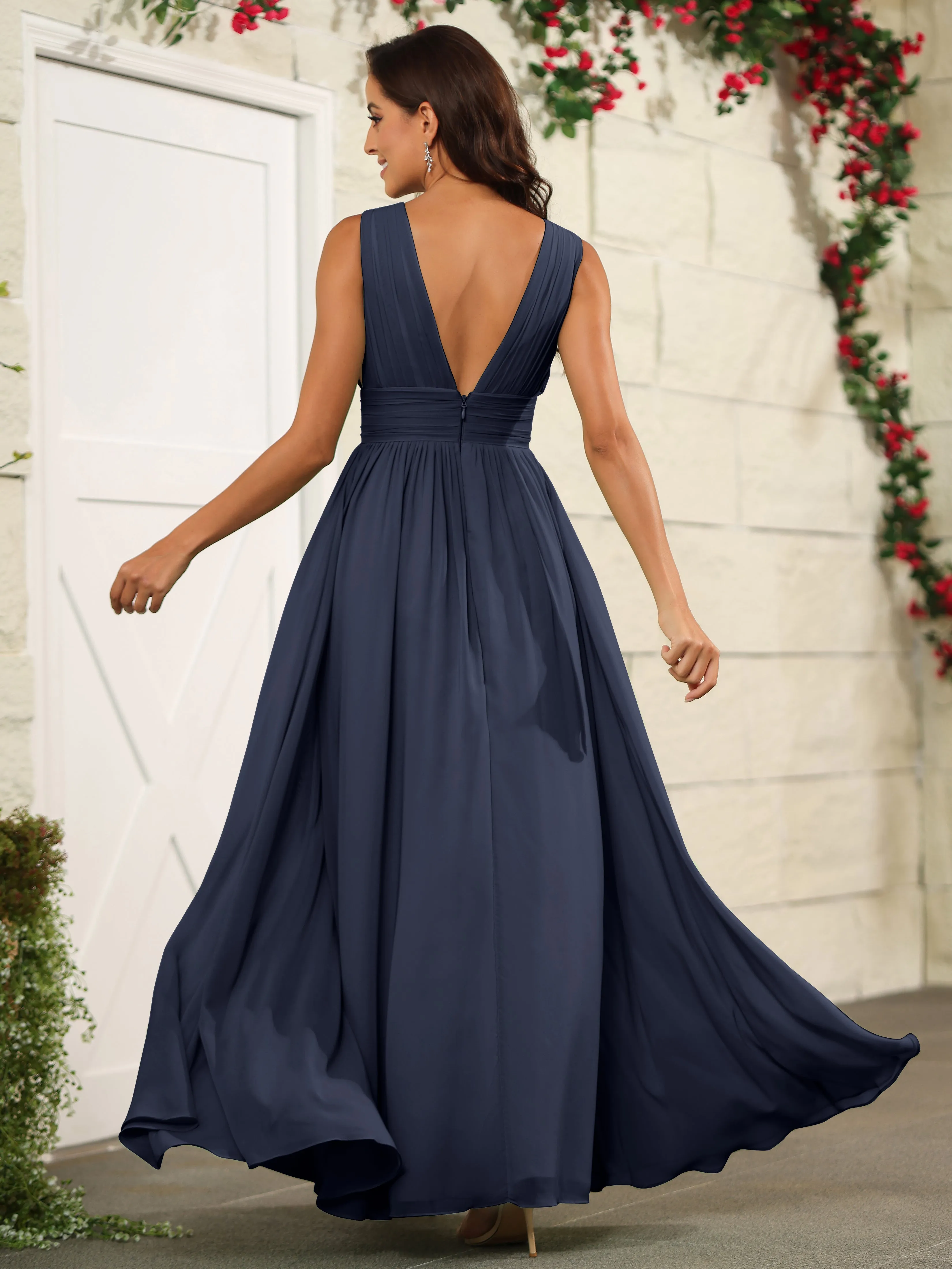 Charming V-Neck Chiffon Floor Length Bridesmaid Dresses with Split