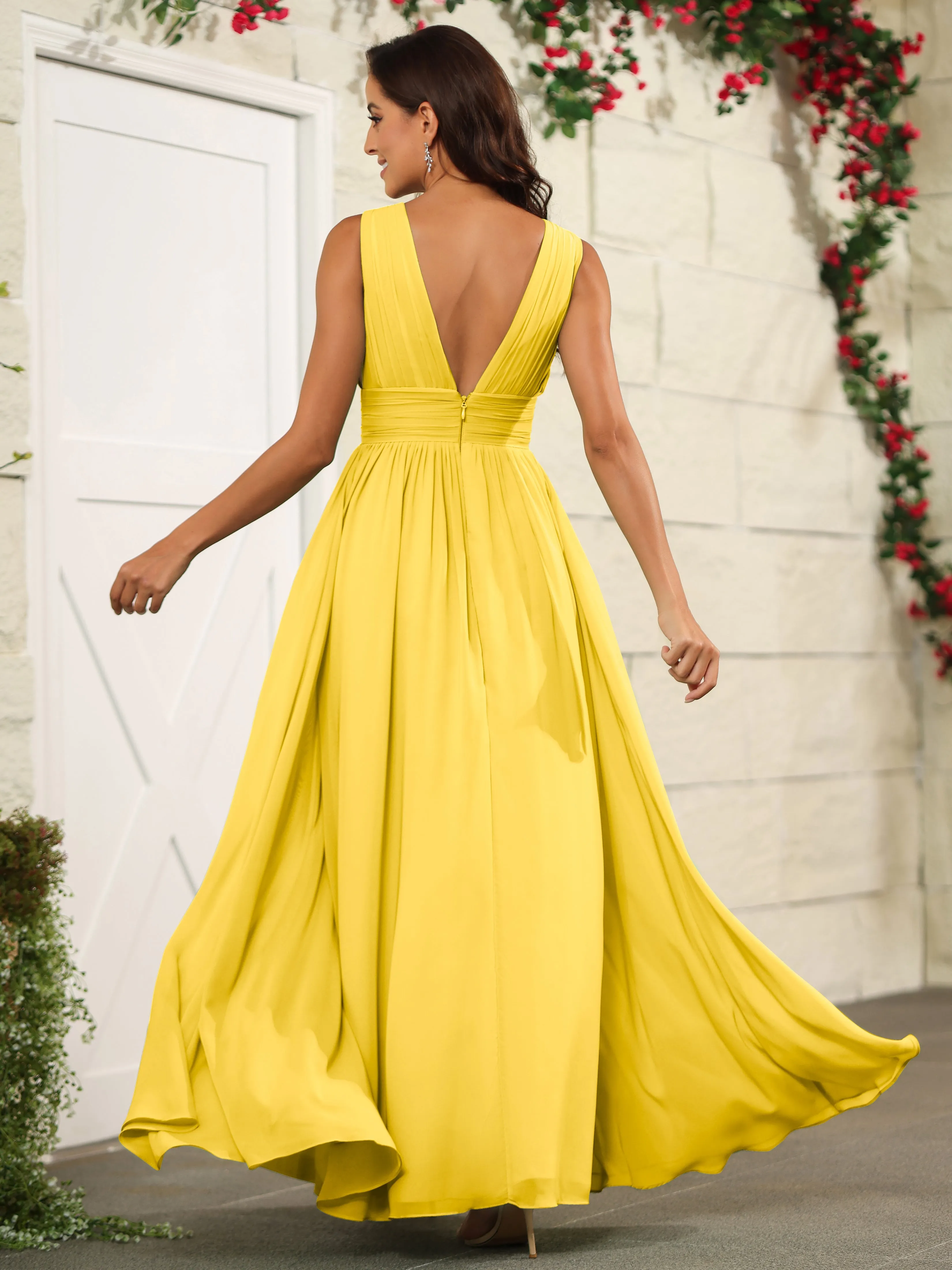 Charming V-Neck Chiffon Floor Length Bridesmaid Dresses with Split