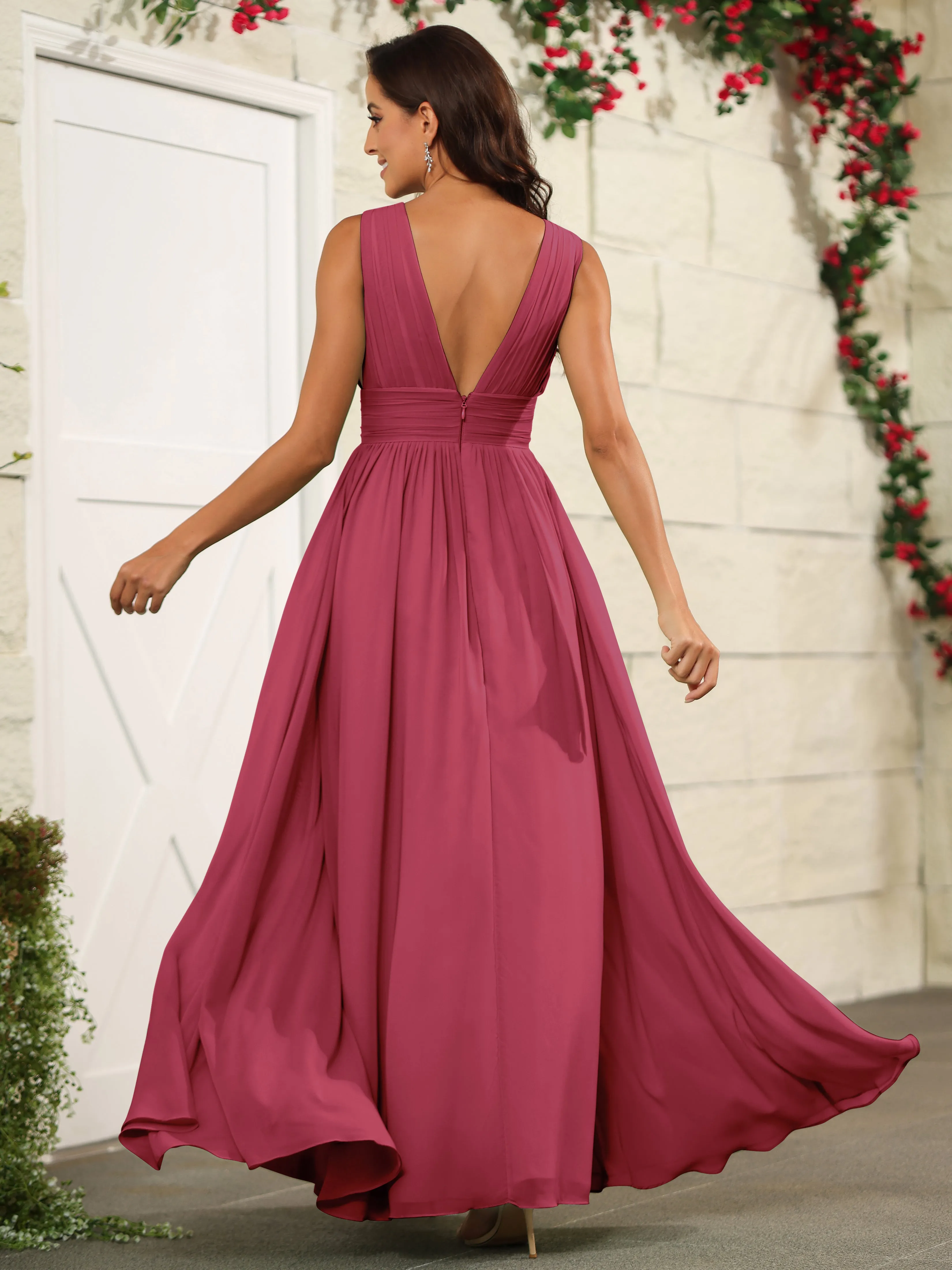 Charming V-Neck Chiffon Floor Length Bridesmaid Dresses with Split