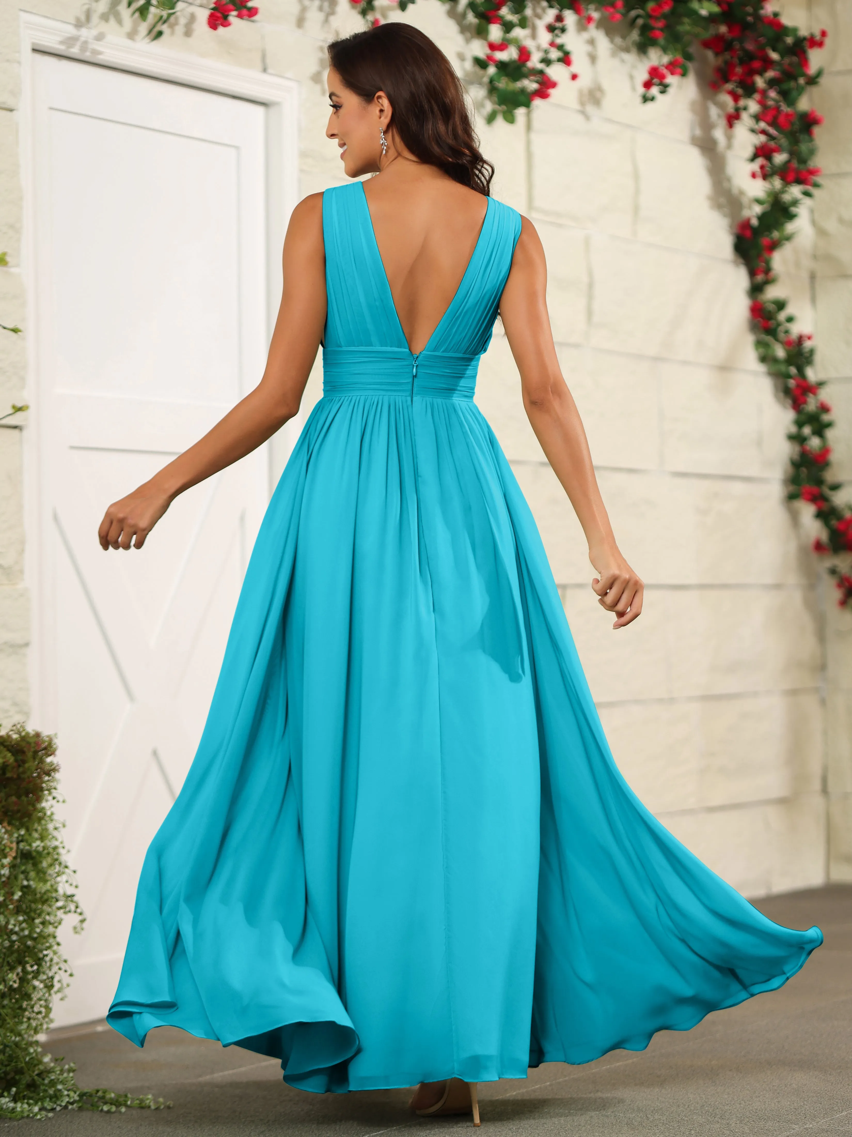 Charming V-Neck Chiffon Floor Length Bridesmaid Dresses with Split