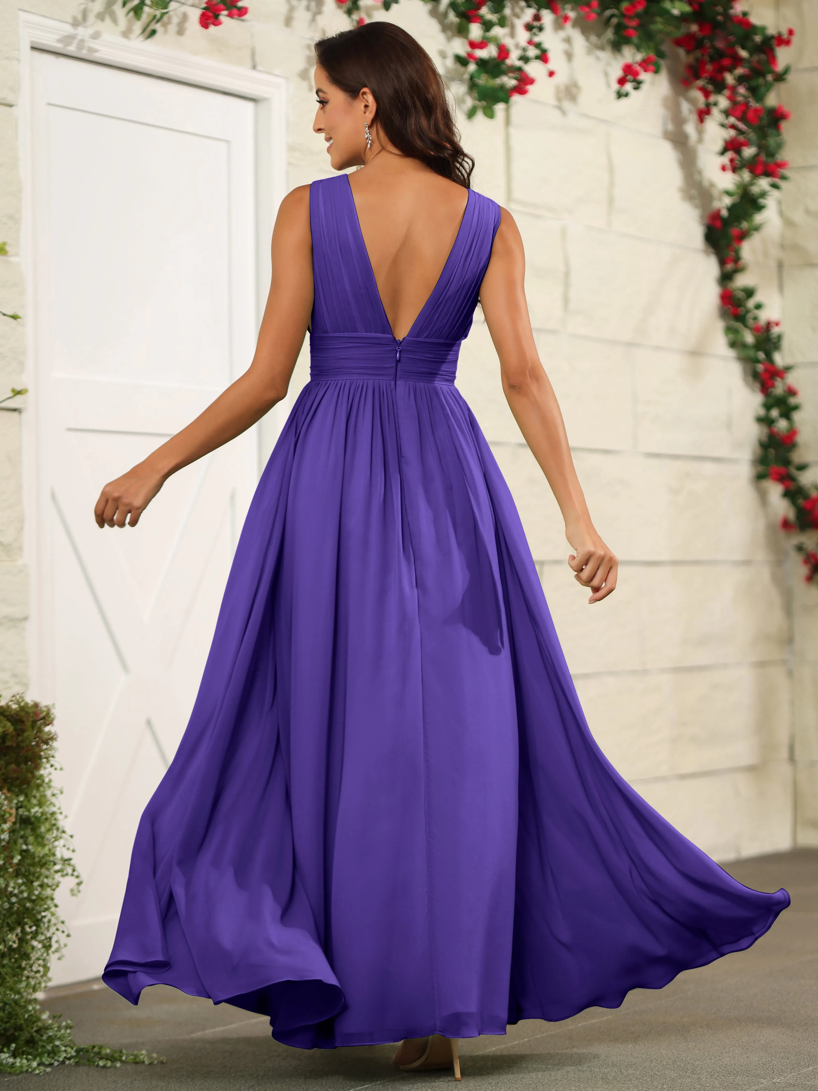 Charming V-Neck Chiffon Floor Length Bridesmaid Dresses with Split