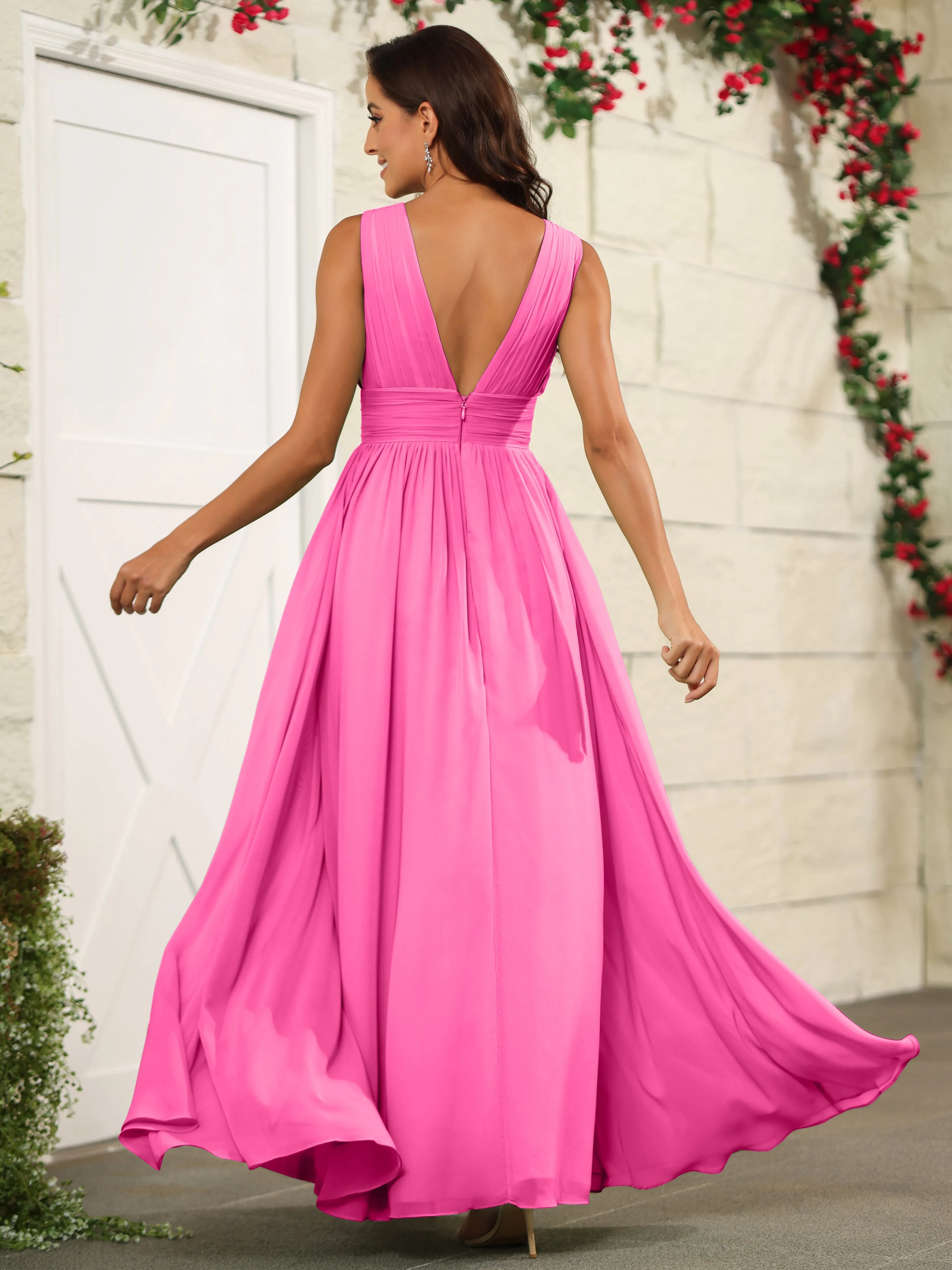 Charming V-Neck Chiffon Floor Length Bridesmaid Dresses with Split