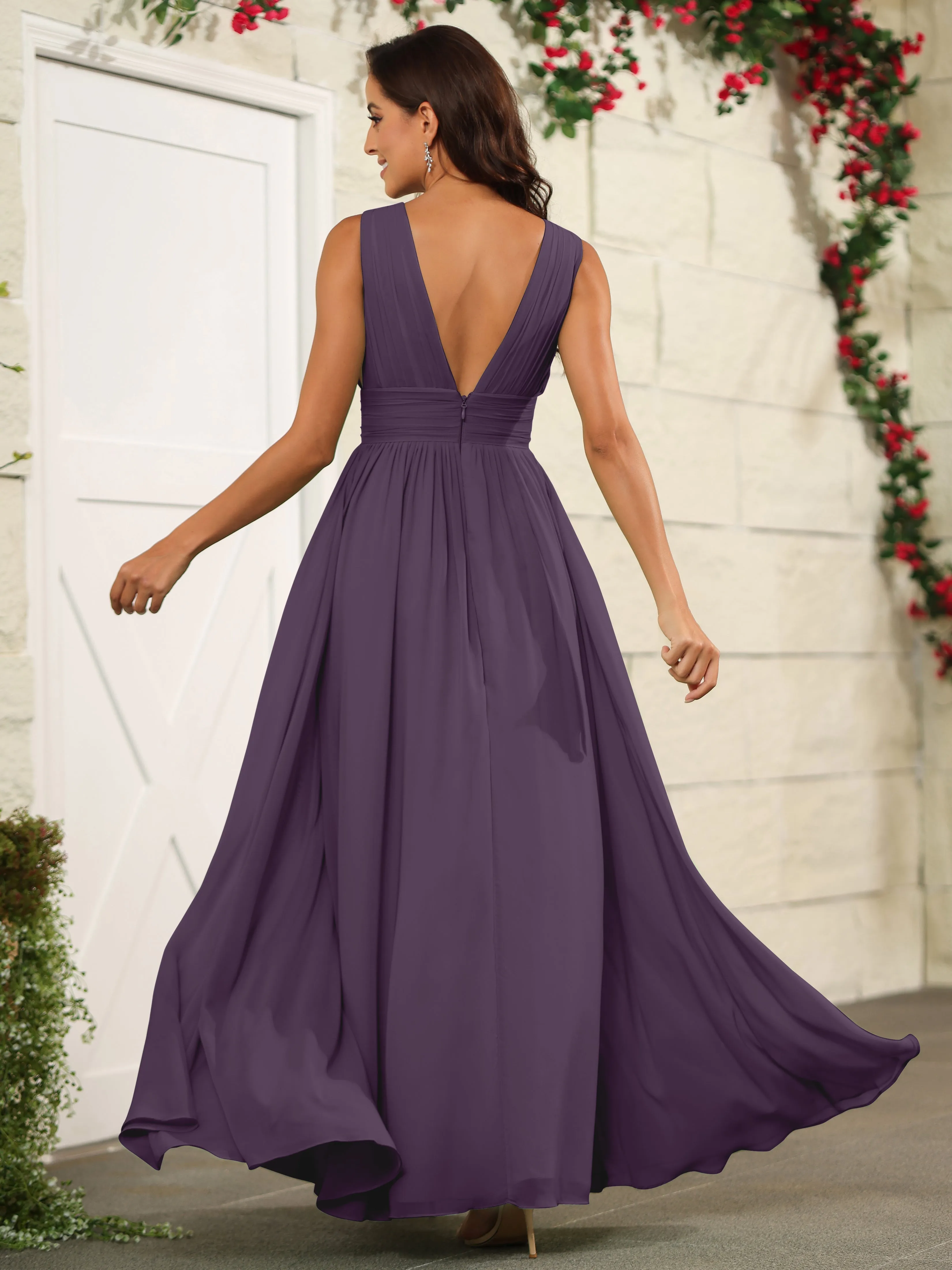 Charming V-Neck Chiffon Floor Length Bridesmaid Dresses with Split
