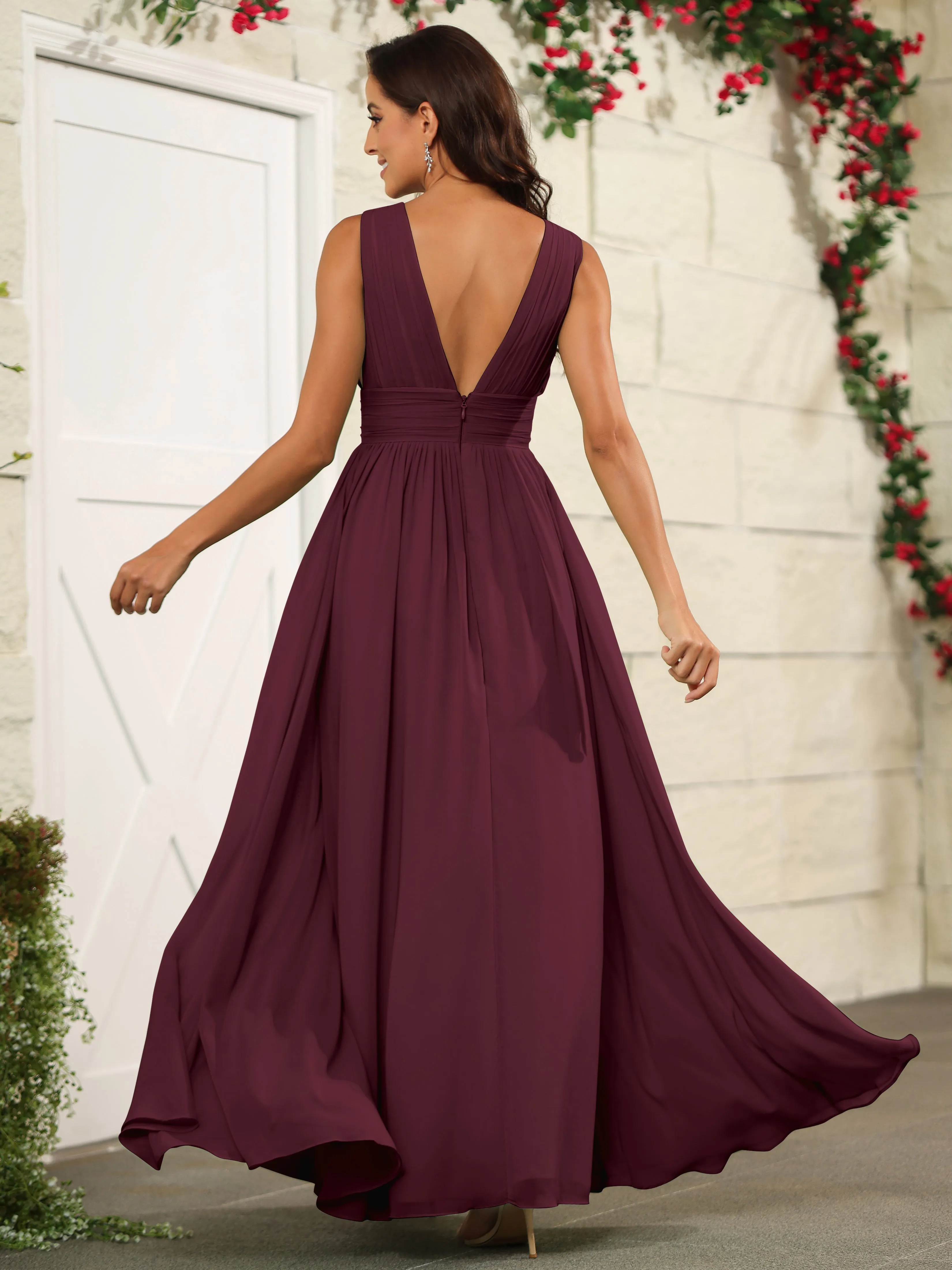Charming V-Neck Chiffon Floor Length Bridesmaid Dresses with Split
