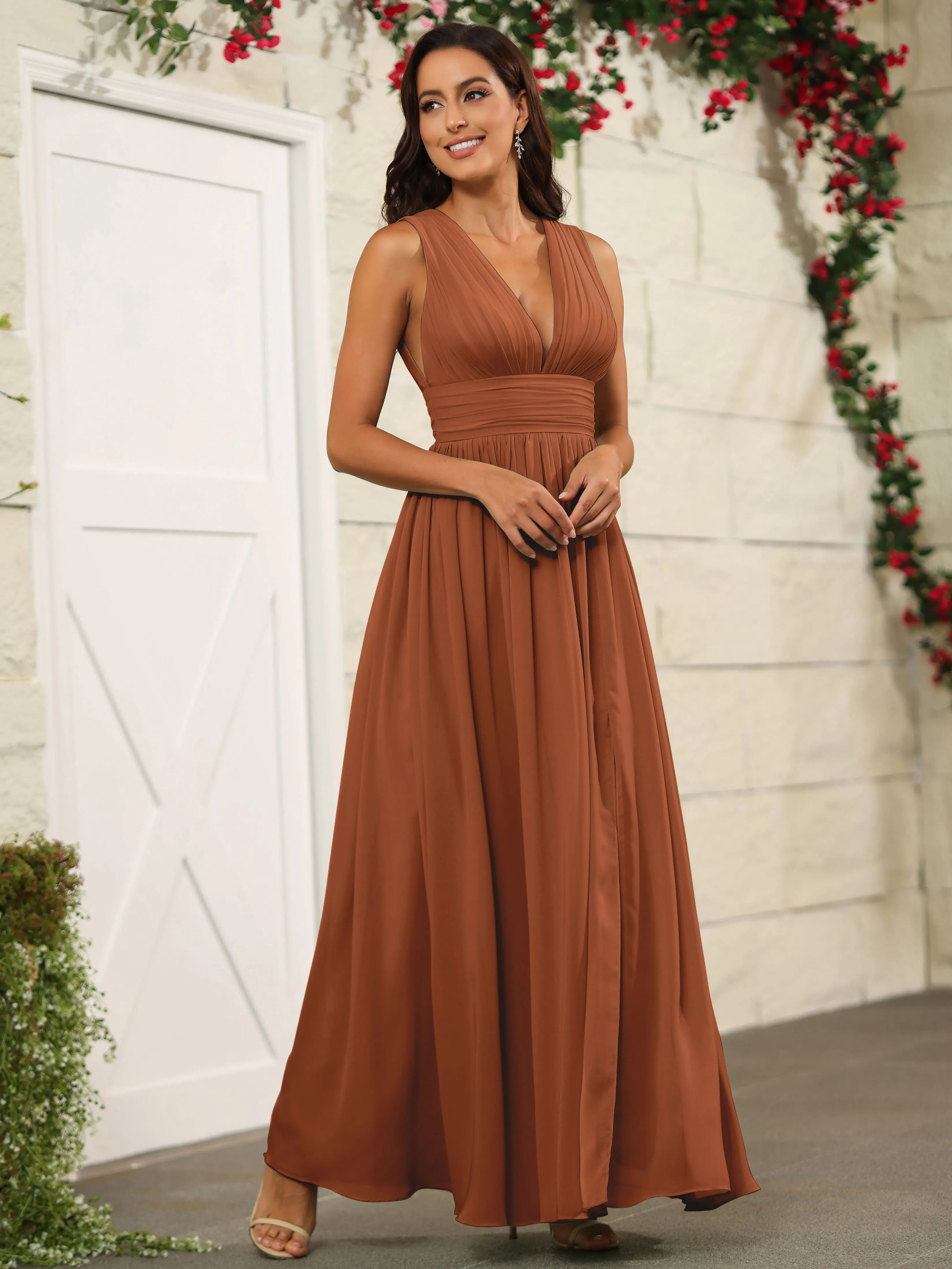 Charming V-Neck Chiffon Floor Length Bridesmaid Dresses with Split