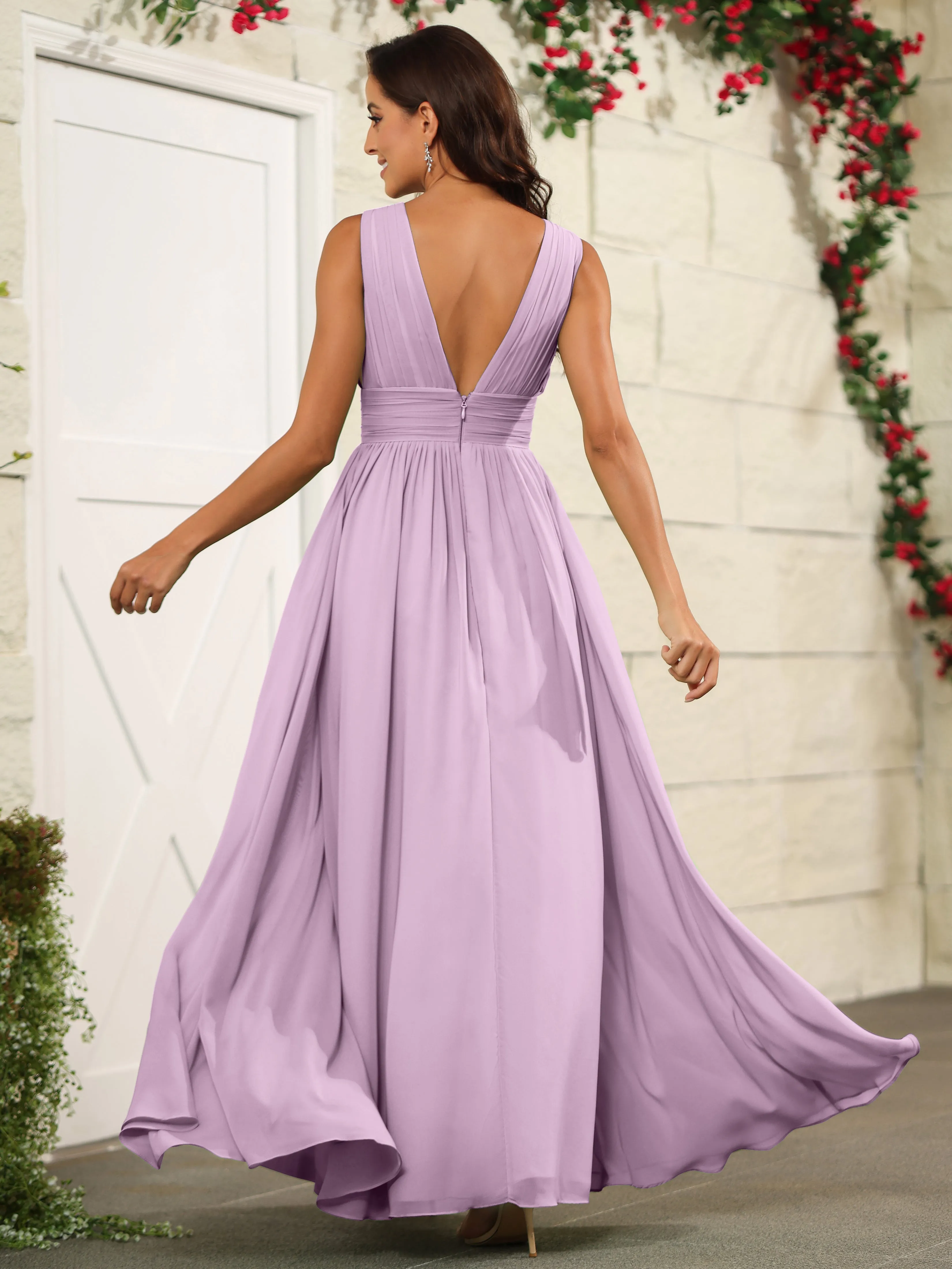 Charming V-Neck Chiffon Floor Length Bridesmaid Dresses with Split