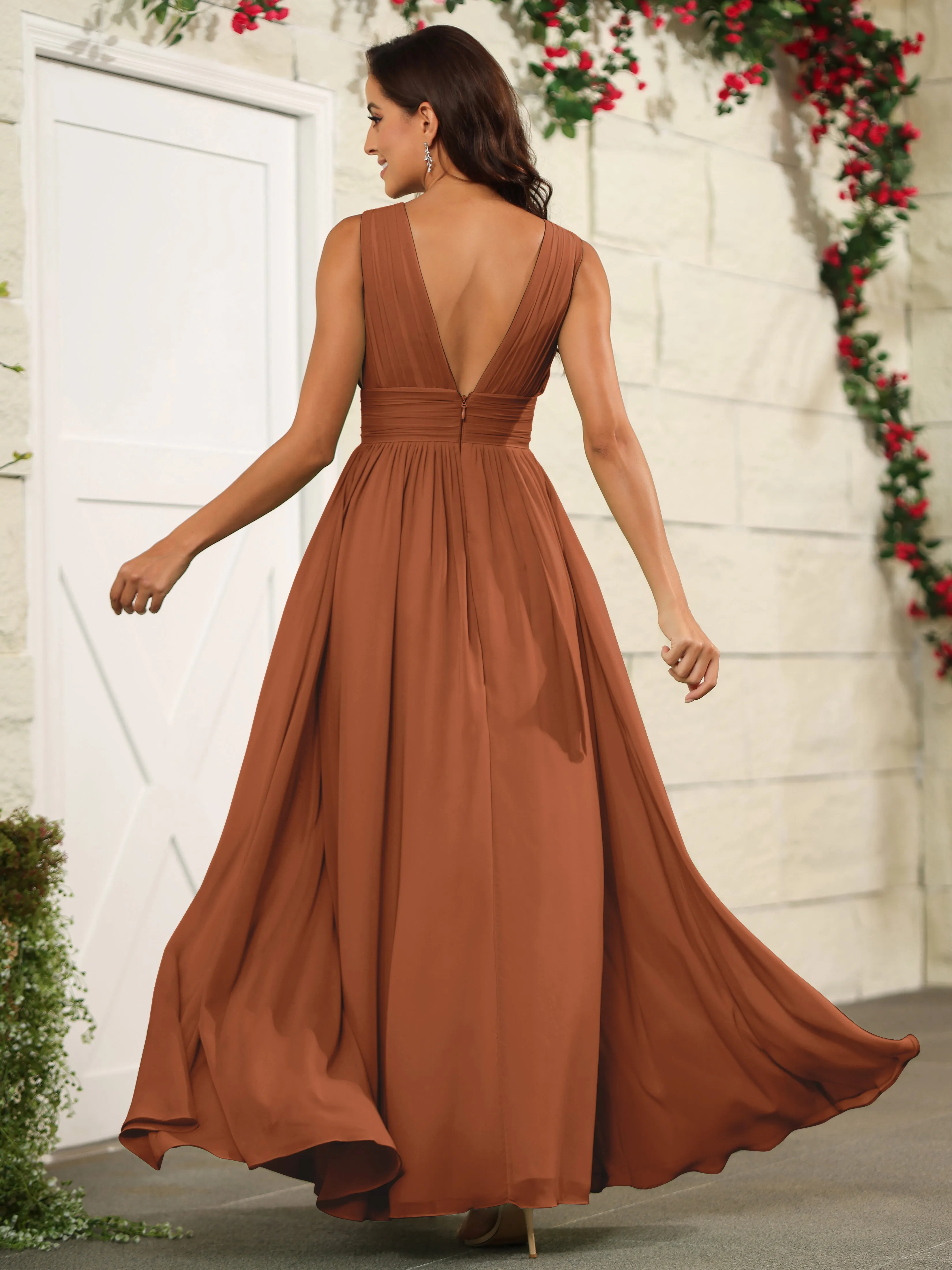Charming V-Neck Chiffon Floor Length Bridesmaid Dresses with Split