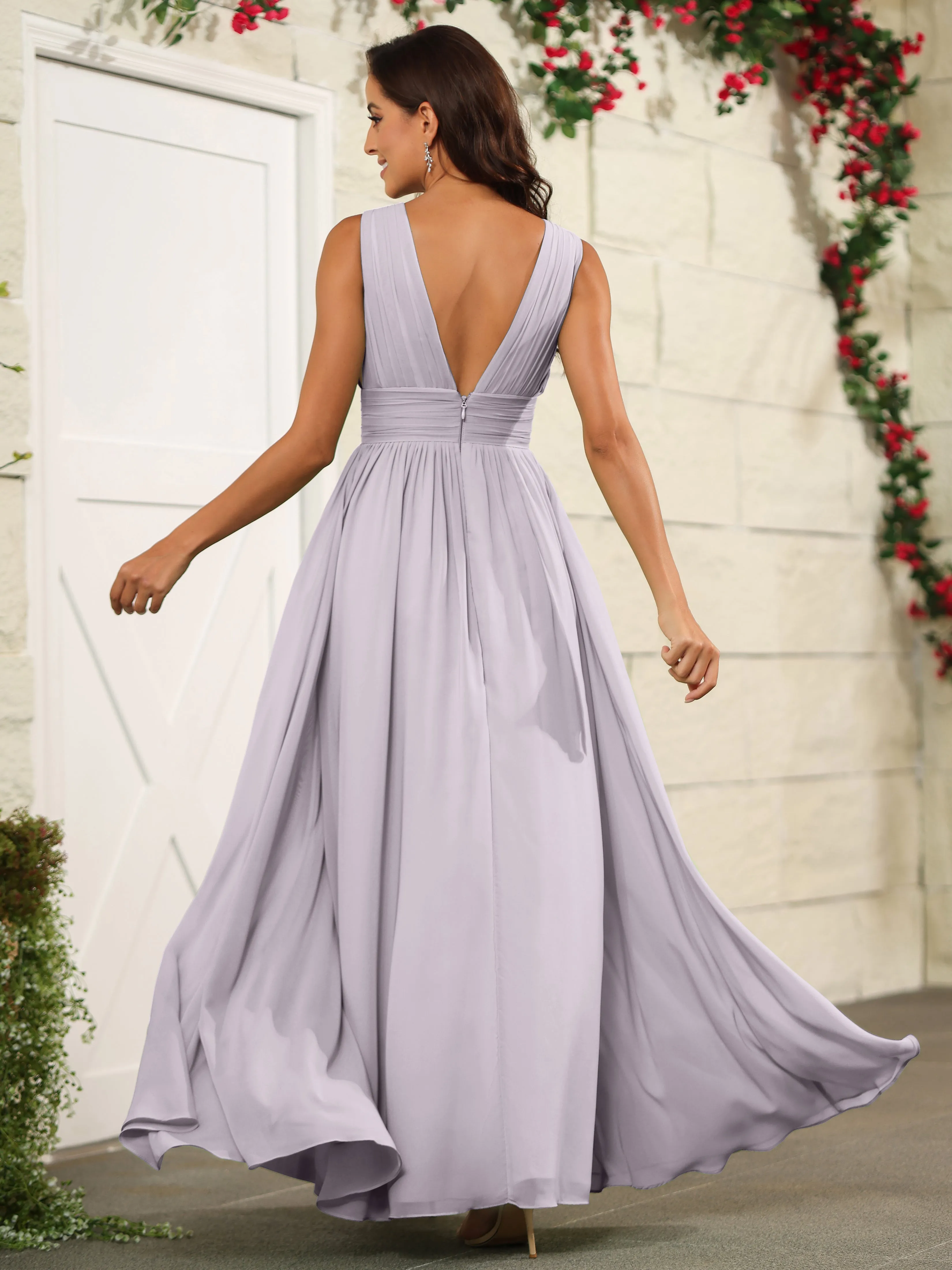 Charming V-Neck Chiffon Floor Length Bridesmaid Dresses with Split
