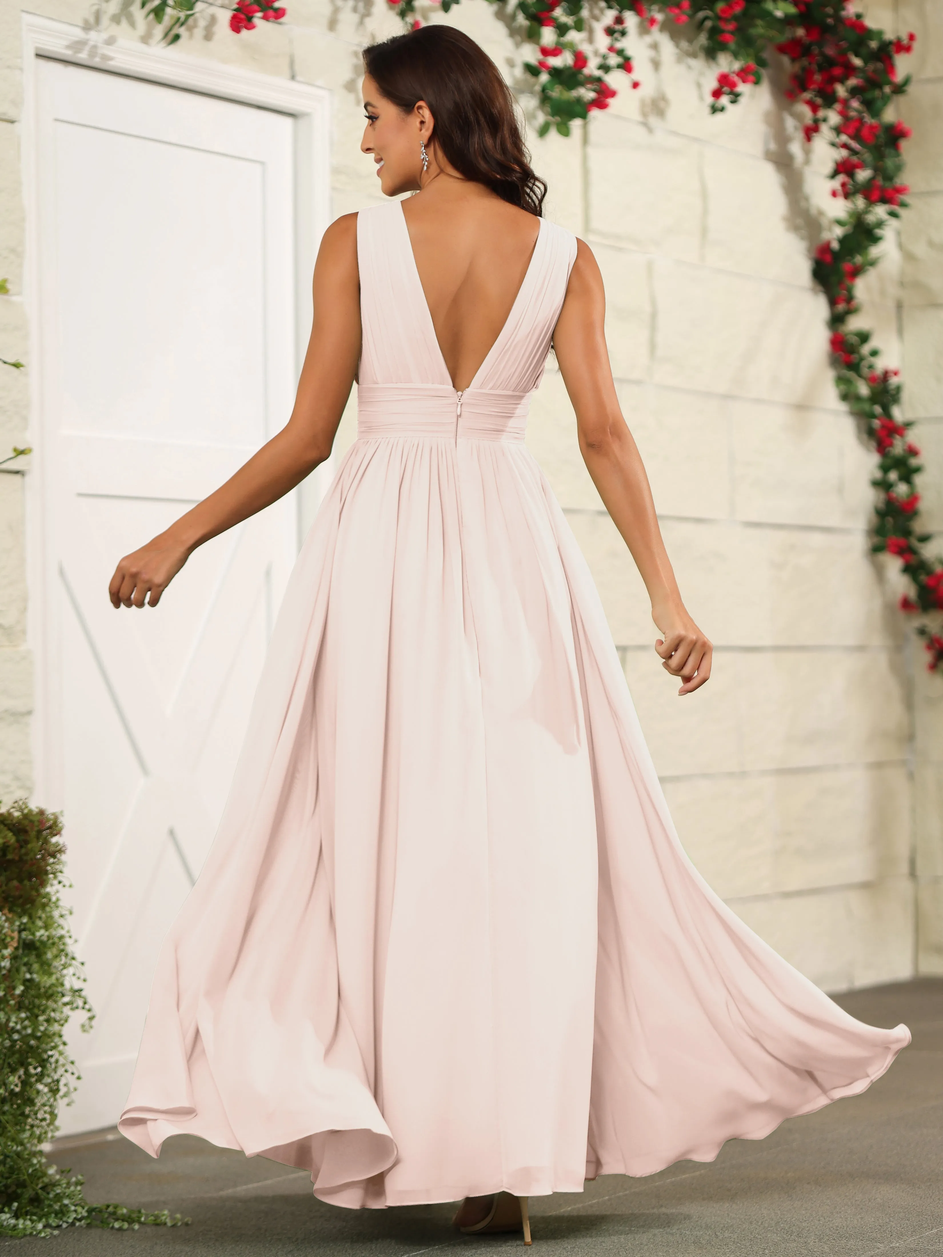 Charming V-Neck Chiffon Floor Length Bridesmaid Dresses with Split