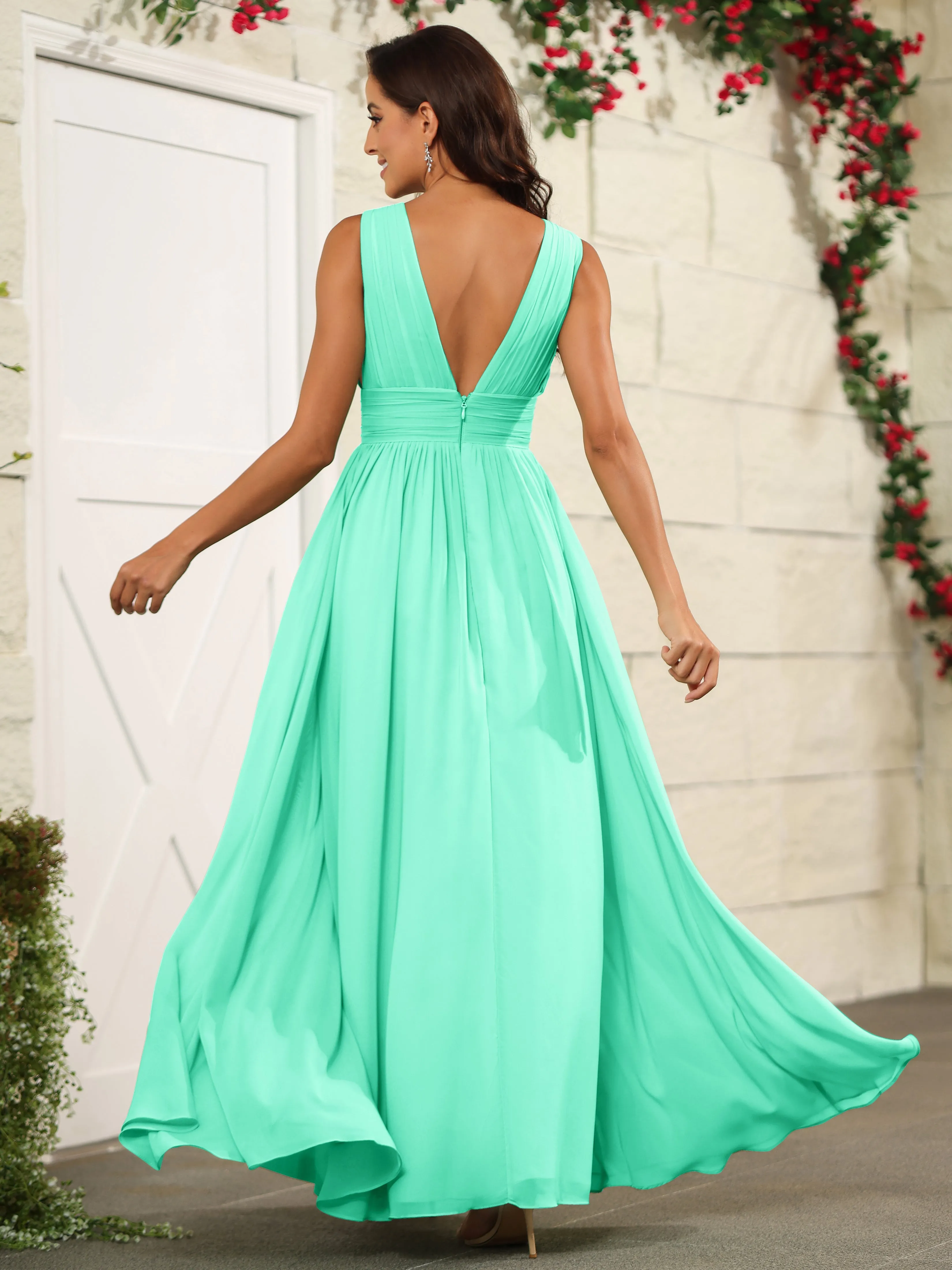 Charming V-Neck Chiffon Floor Length Bridesmaid Dresses with Split