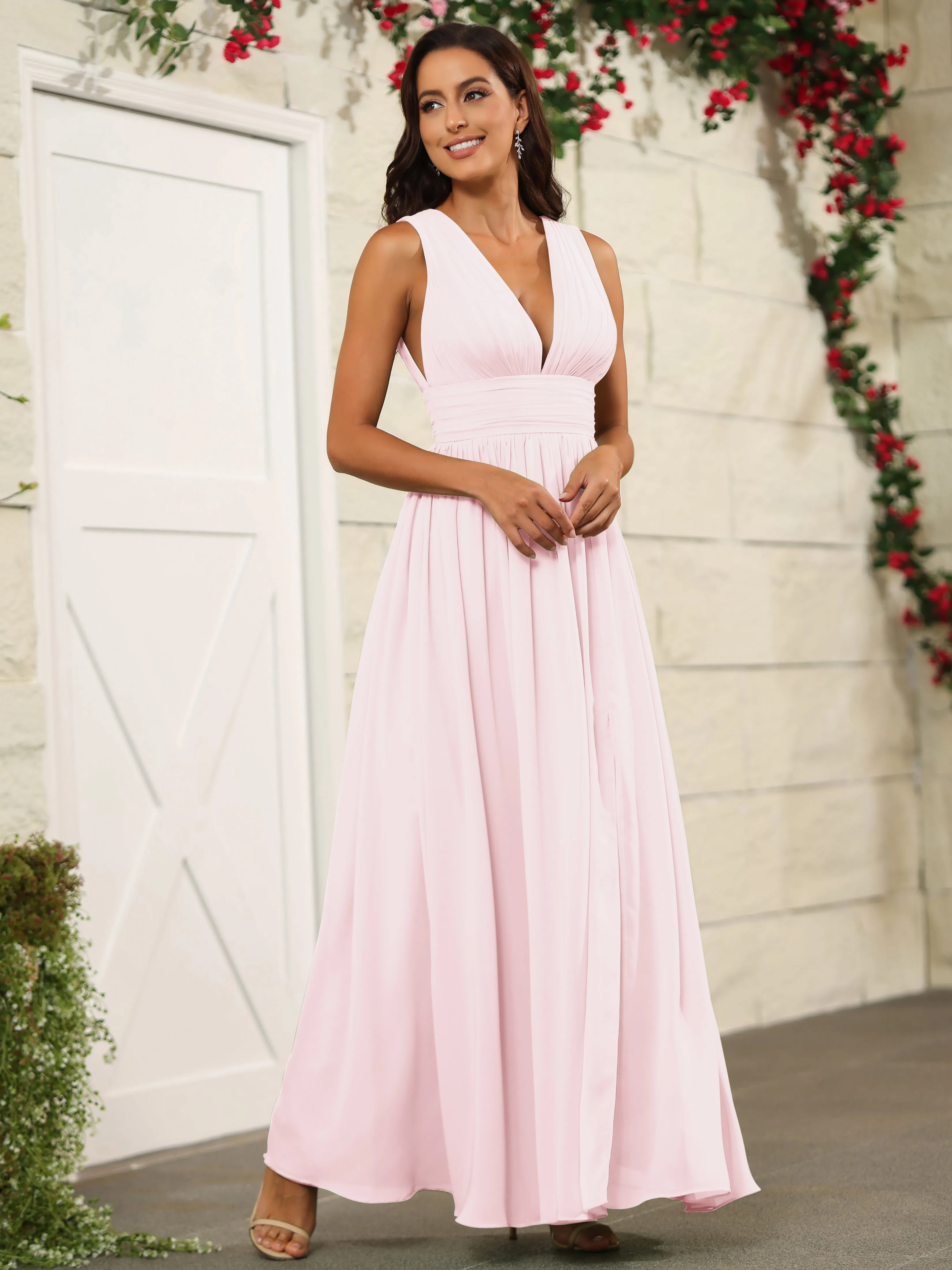 Charming V-Neck Chiffon Floor Length Bridesmaid Dresses with Split