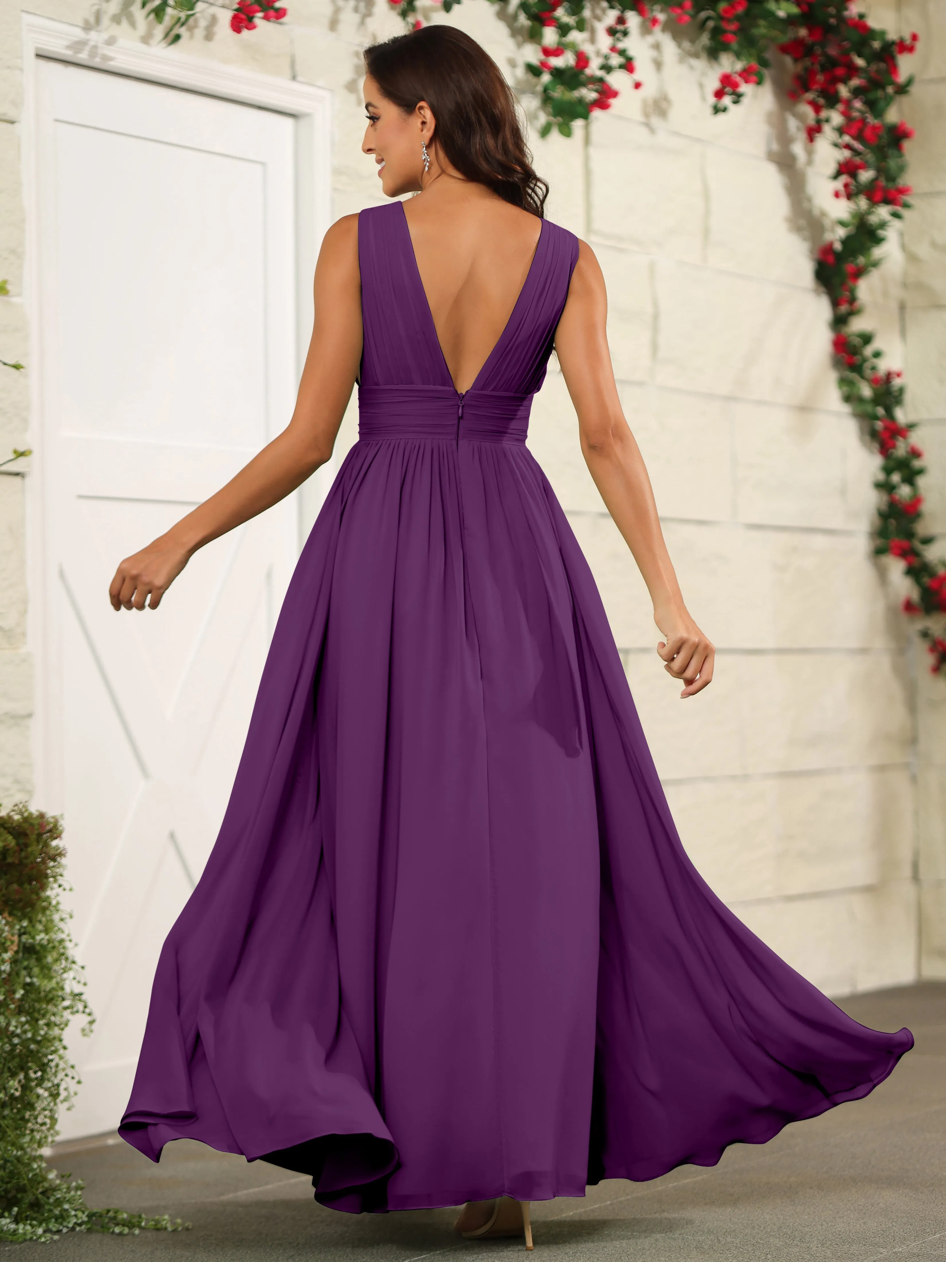 Charming V-Neck Chiffon Floor Length Bridesmaid Dresses with Split