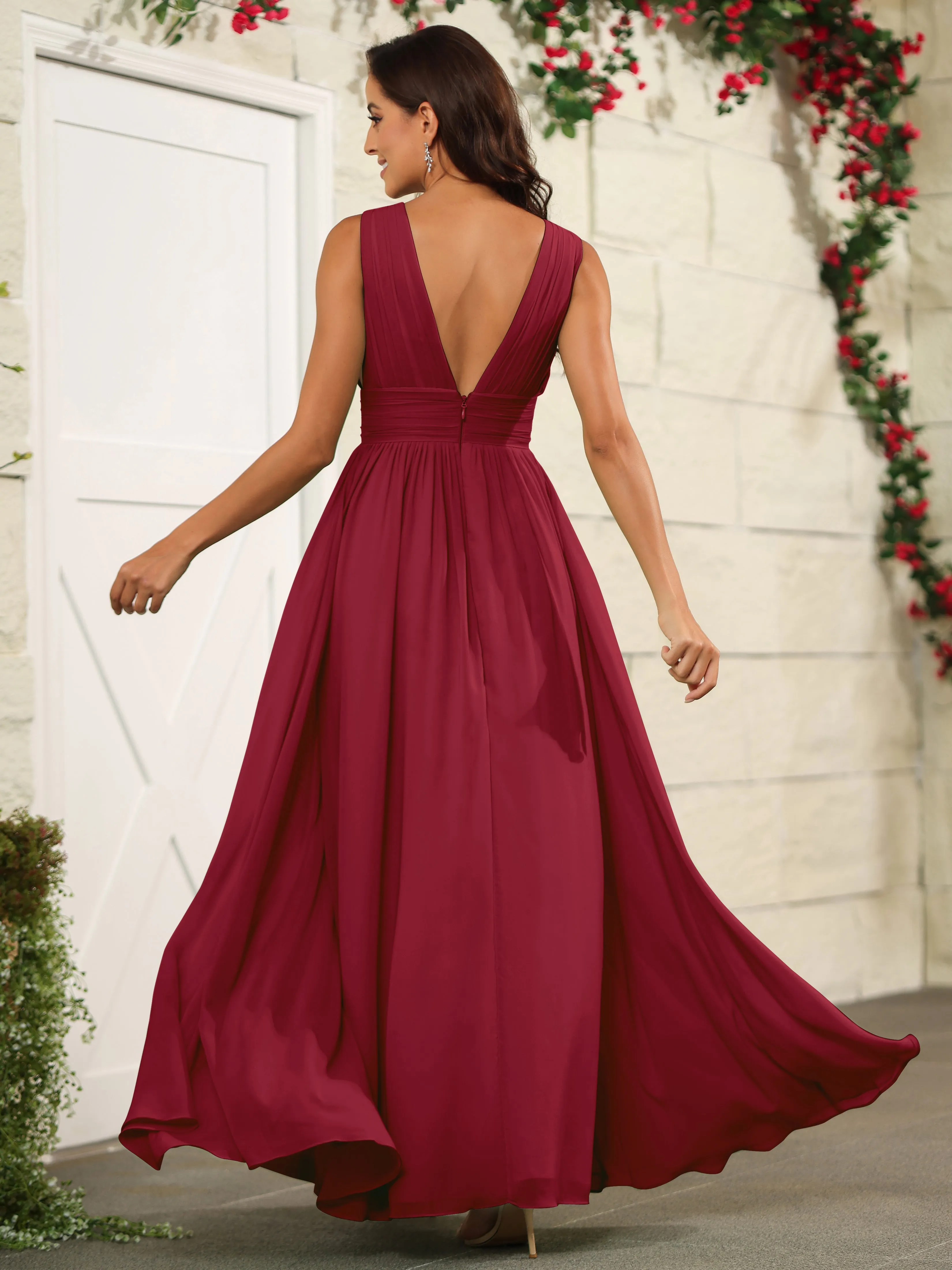 Charming V-Neck Chiffon Floor Length Bridesmaid Dresses with Split