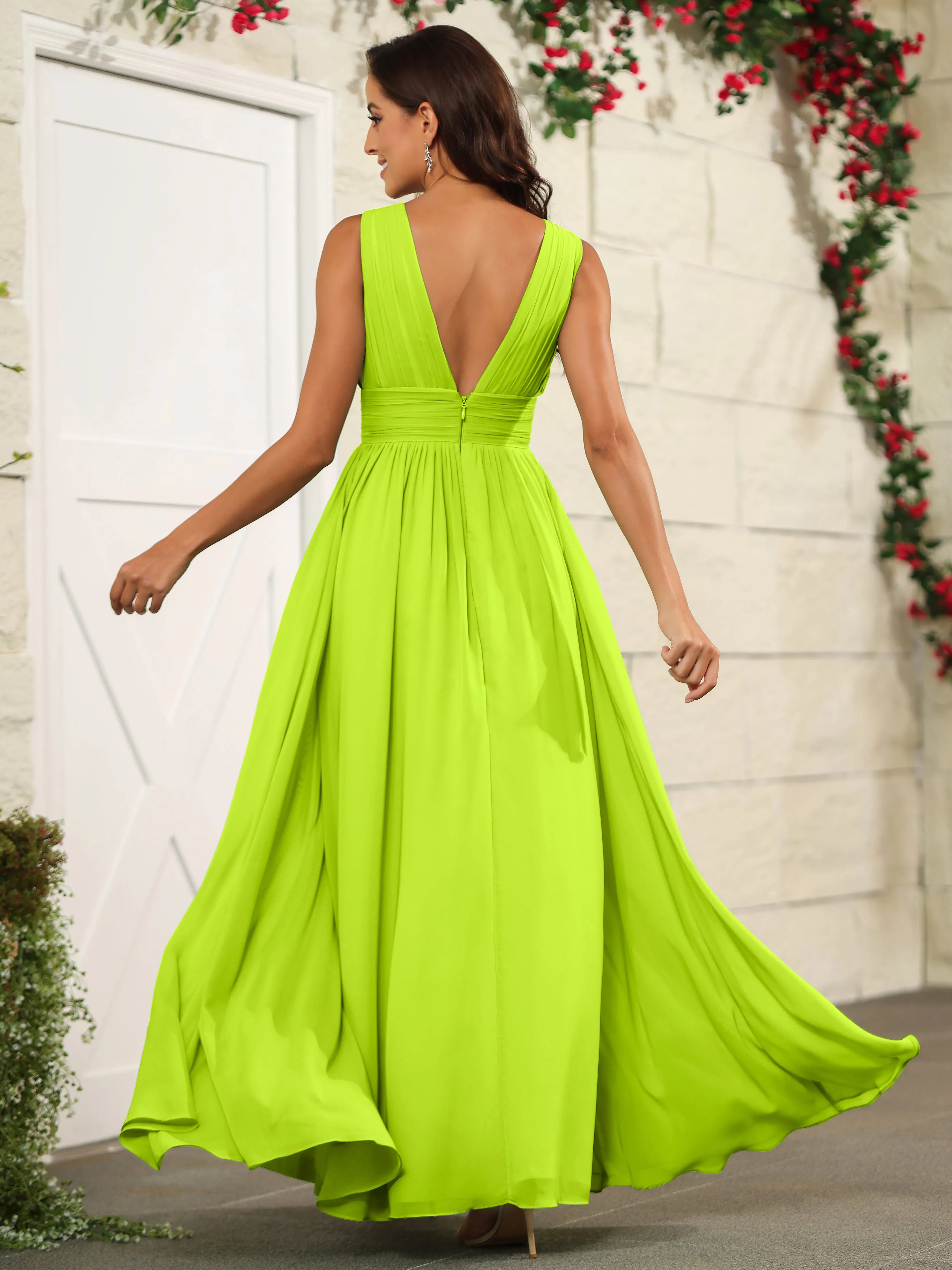 Charming V-Neck Chiffon Floor Length Bridesmaid Dresses with Split