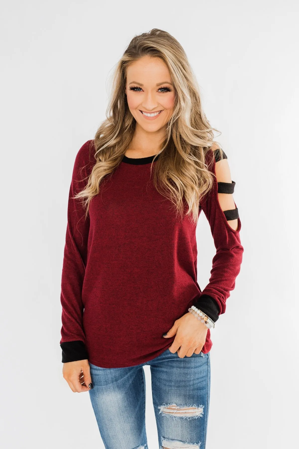 Chasing Dreams Cold Shoulder Top- Burgundy