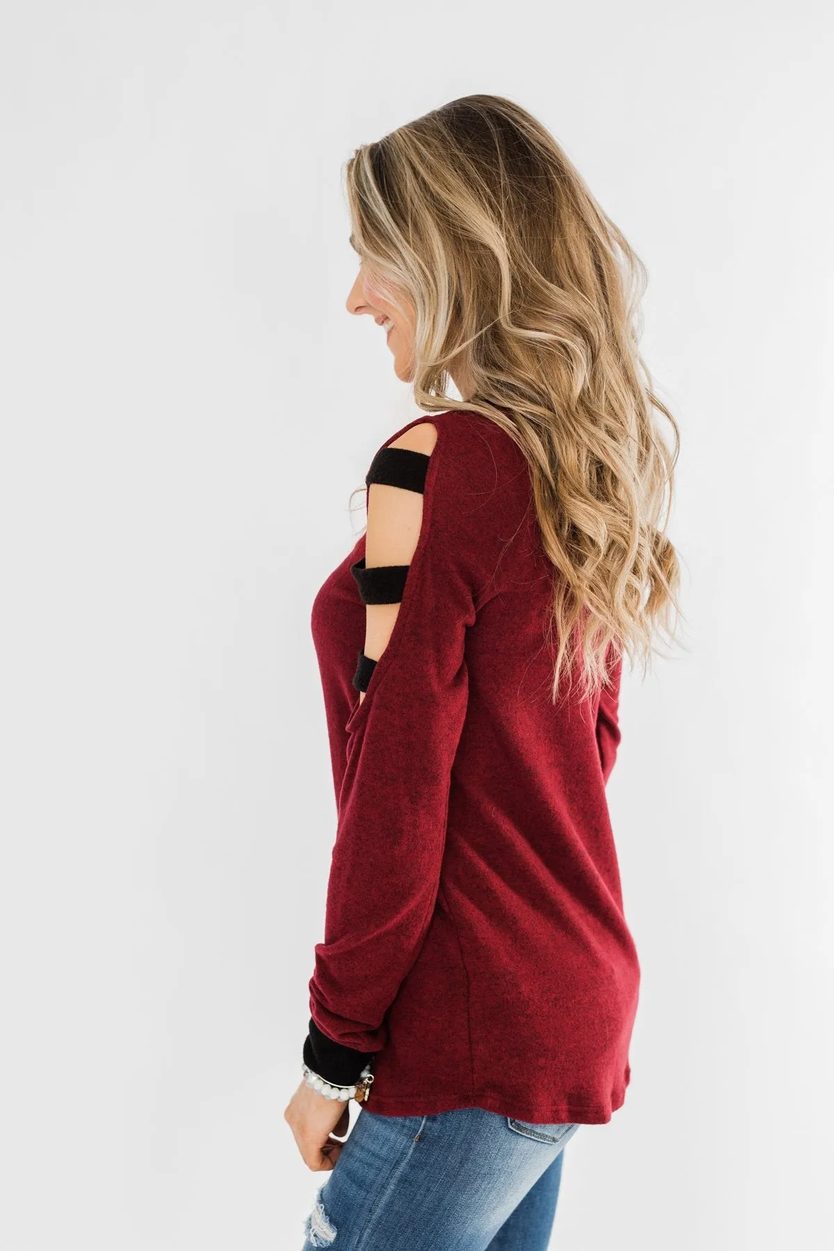 Chasing Dreams Cold Shoulder Top- Burgundy