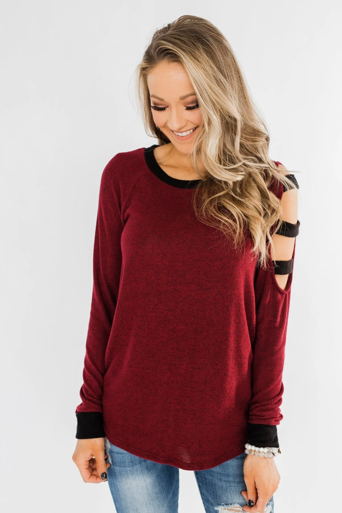 Chasing Dreams Cold Shoulder Top- Burgundy
