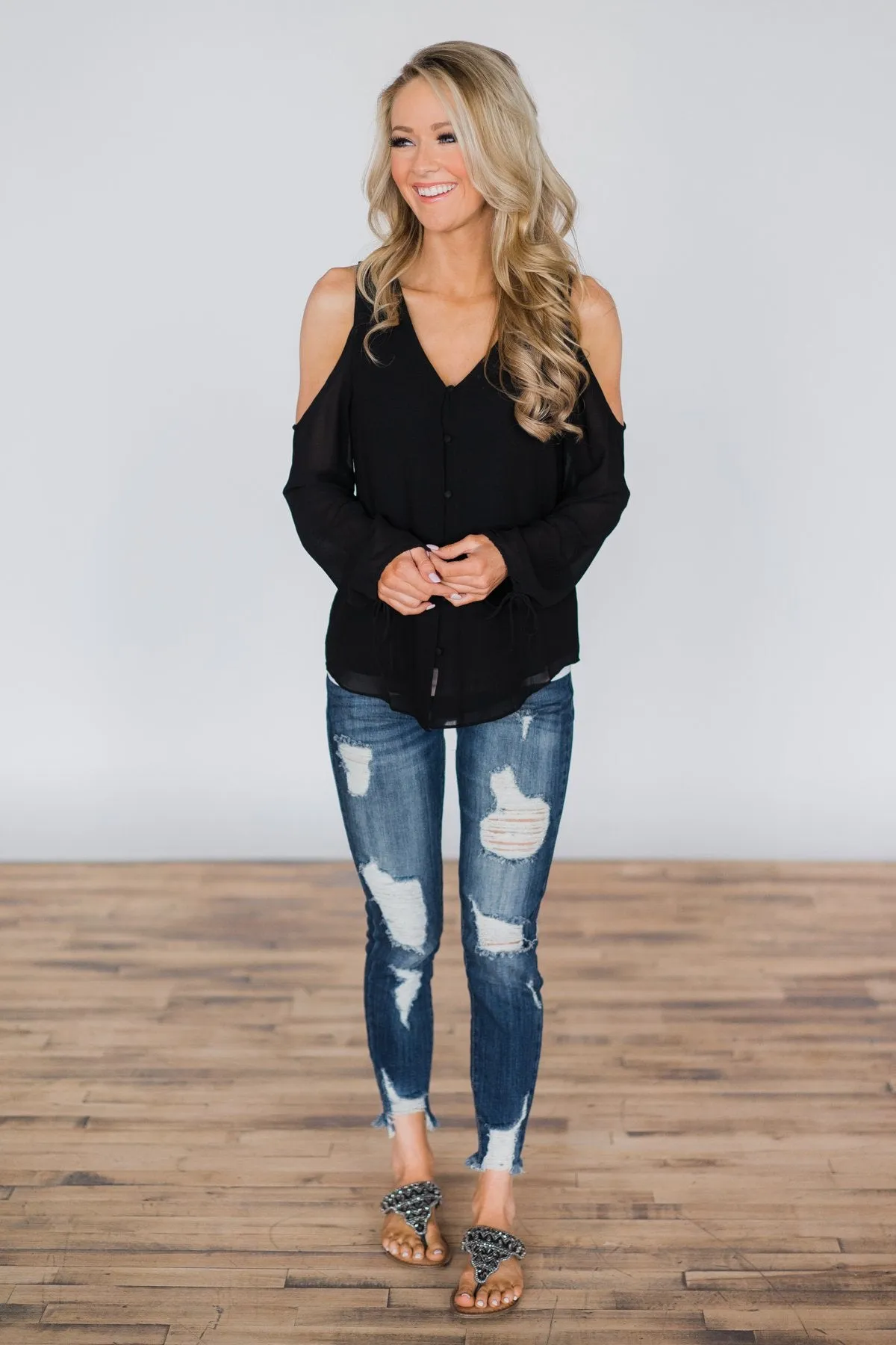 Chasing Perfection Black Cold Shoulder Top
