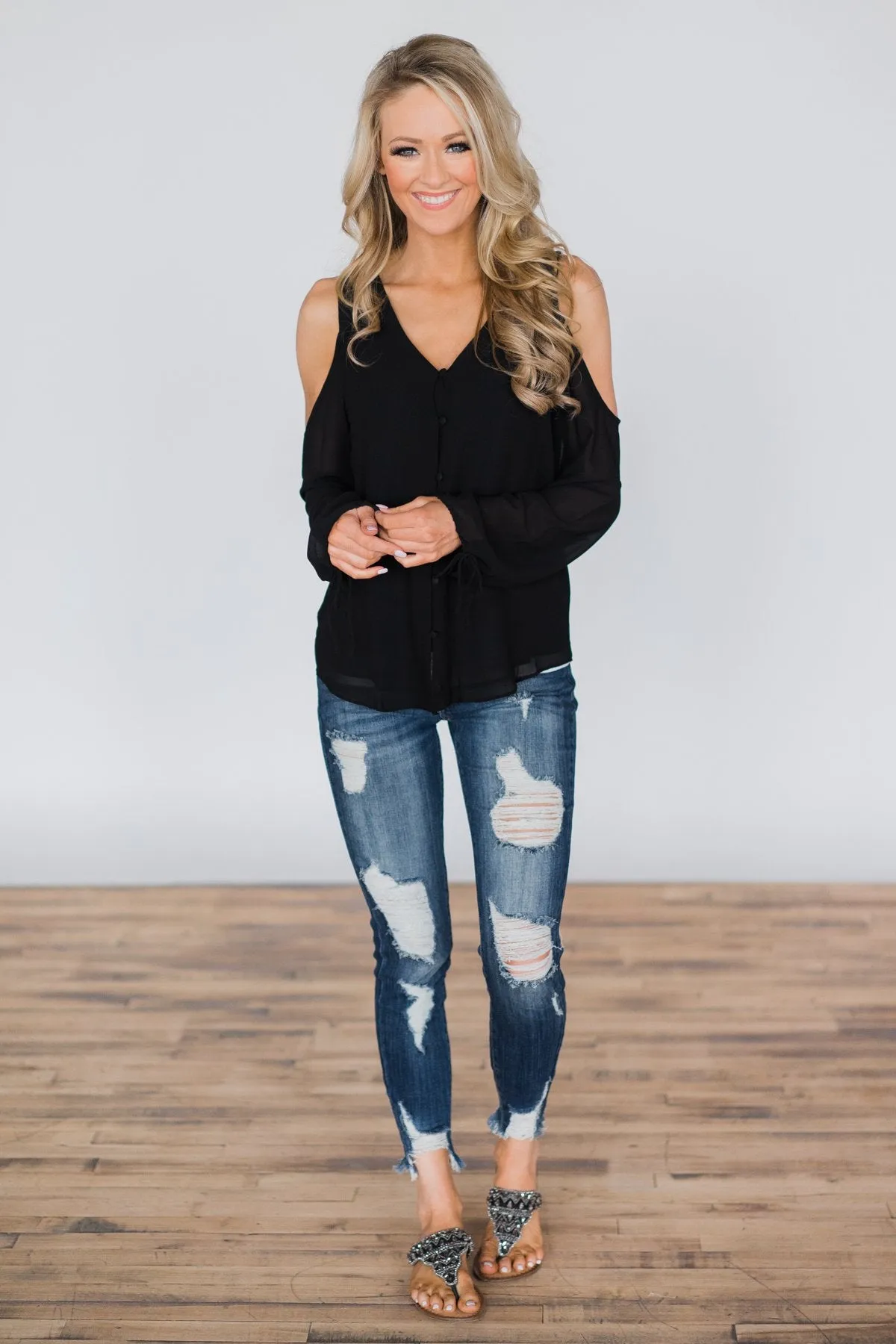 Chasing Perfection Black Cold Shoulder Top
