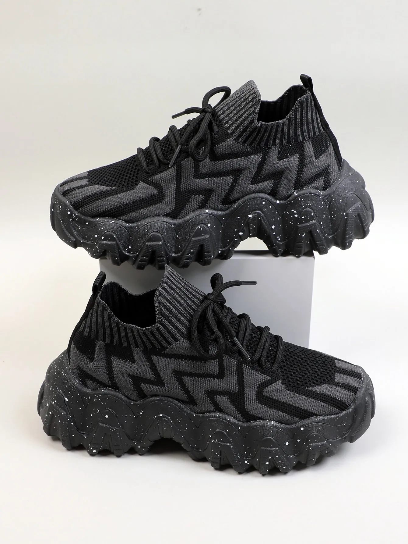 Chevron Lace Up Decor Knit Chunky Sneakers - Black - FD ⚡