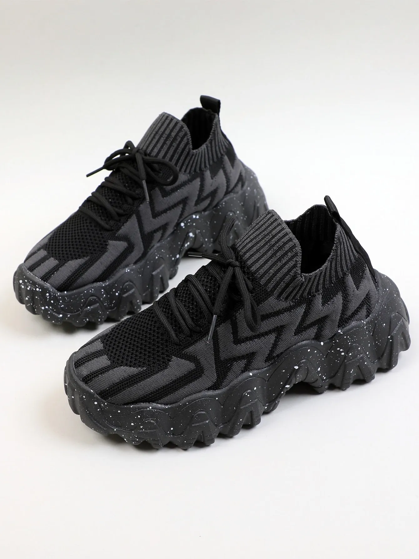Chevron Lace Up Decor Knit Chunky Sneakers - Black - FD ⚡