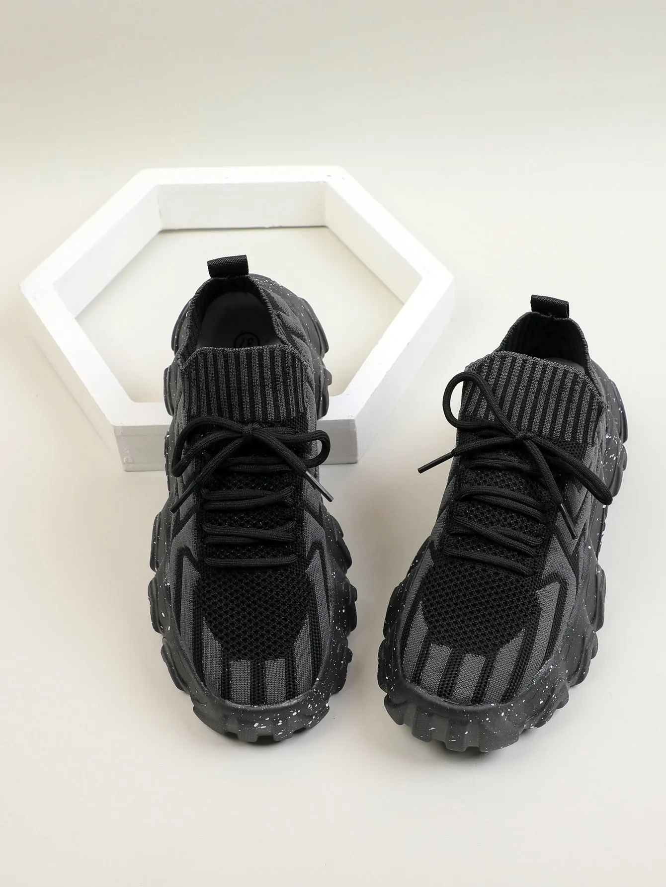 Chevron Lace Up Decor Knit Chunky Sneakers - Black - FD ⚡