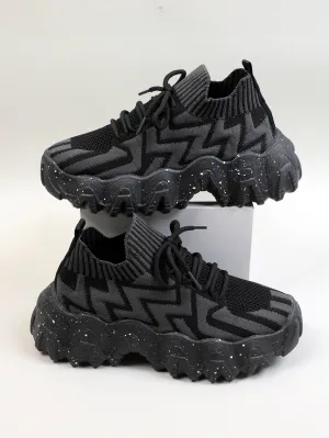 Chevron Lace Up Decor Knit Chunky Sneakers - Black - FD ⚡