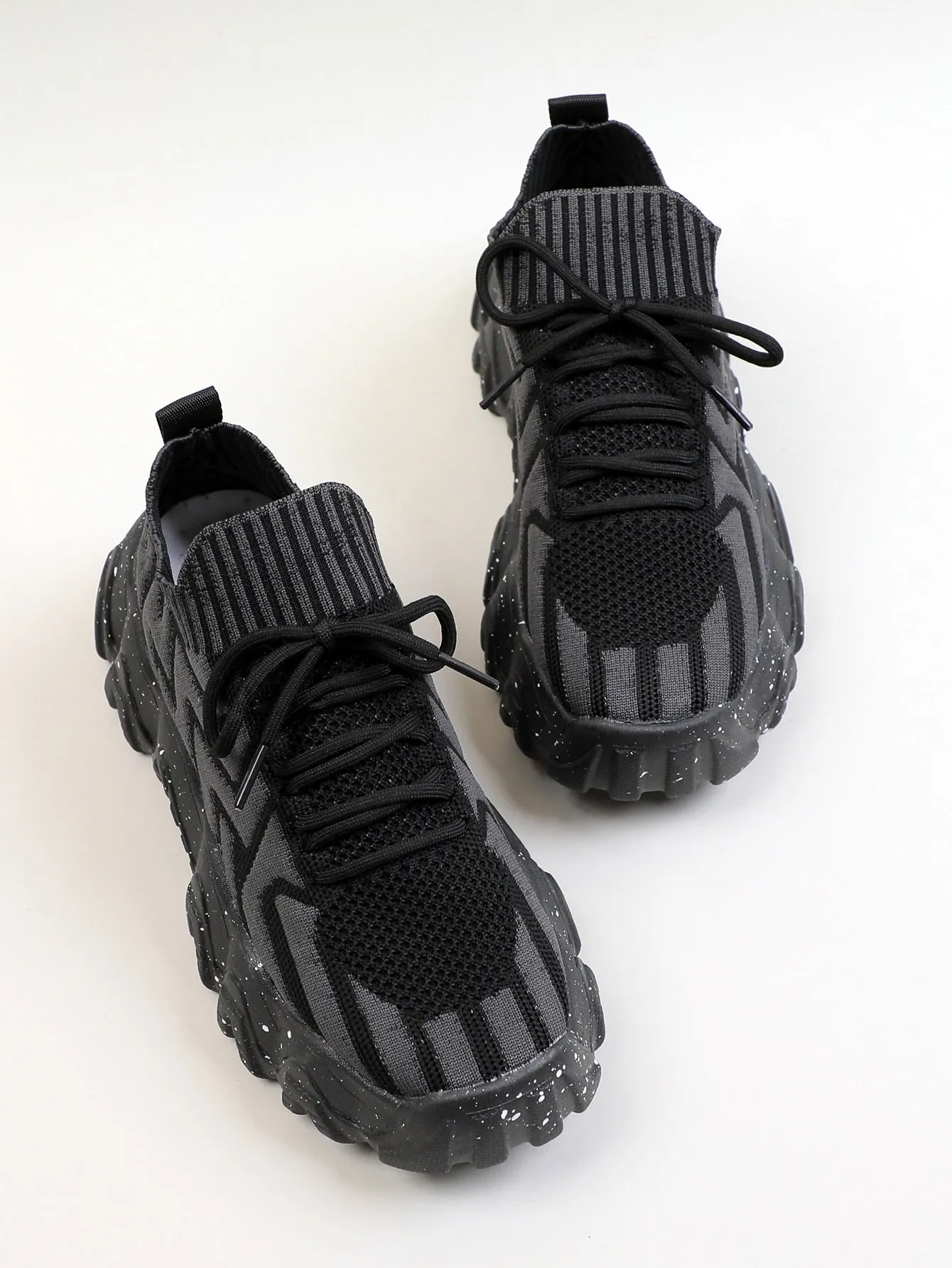 Chevron Lace Up Decor Knit Chunky Sneakers - Black - FD ⚡