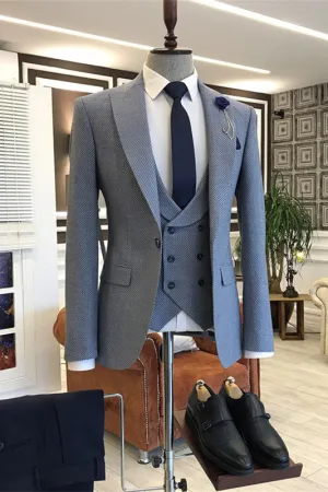 Chic Blue Peaked Lapel Three Pieces Prom Suits Men Jacket Vest & Pants