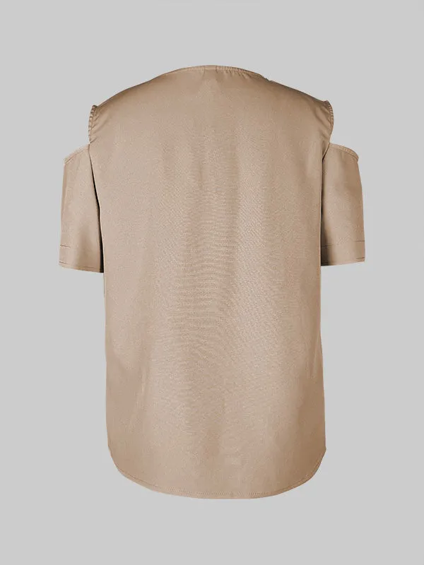 Chic Cold Shoulder Blouse: Stylish Loose-Fit Short Sleeve Top in Solid Colors
