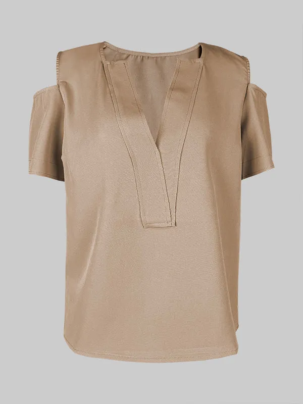 Chic Cold Shoulder Blouse: Stylish Loose-Fit Short Sleeve Top in Solid Colors