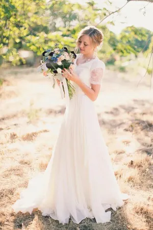 Chiffon A-line Short Sleeves Boho Wedding Dresses, Lace Wedding Gown, MW838