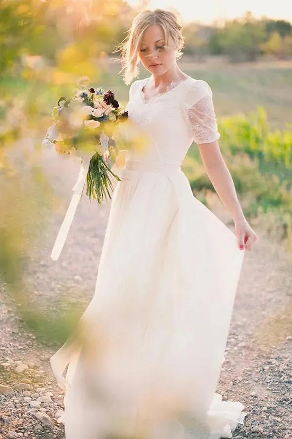 Chiffon A-line Short Sleeves Boho Wedding Dresses, Lace Wedding Gown, MW838
