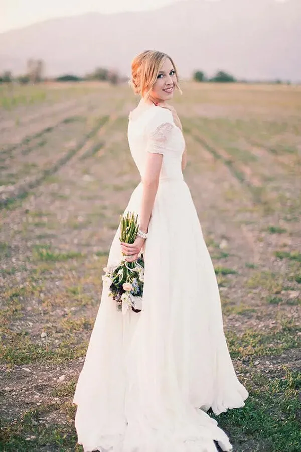 Chiffon A-line Short Sleeves Boho Wedding Dresses, Lace Wedding Gown, MW838