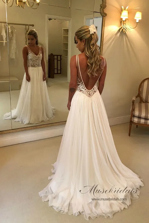Chiffon A-line V-neck Open Back Wedding Dresses With Lace Appliques, MW810