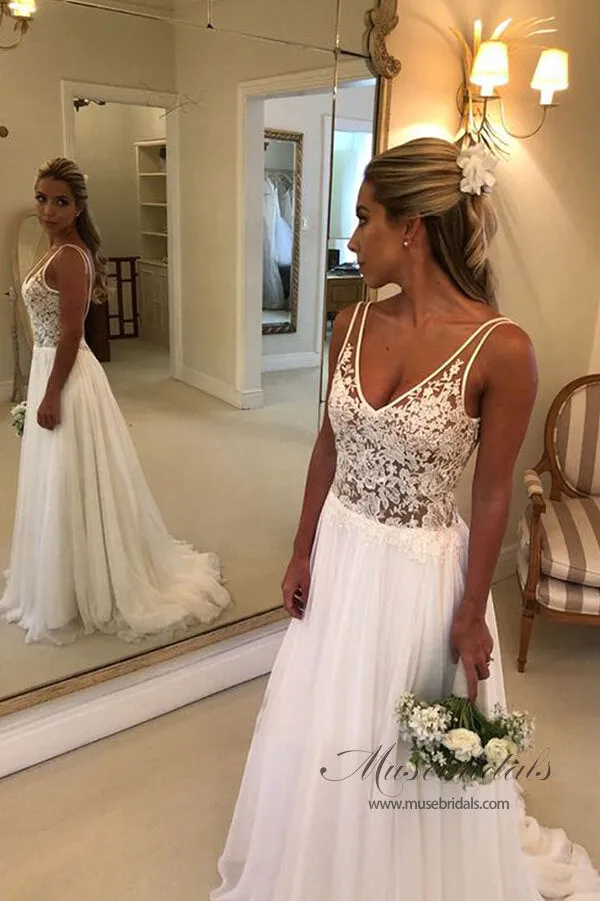 Chiffon A-line V-neck Open Back Wedding Dresses With Lace Appliques, MW810