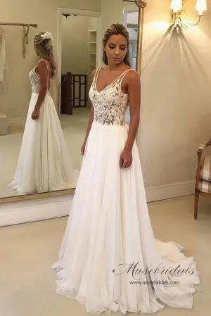 Chiffon A-line V-neck Open Back Wedding Dresses With Lace Appliques, MW810