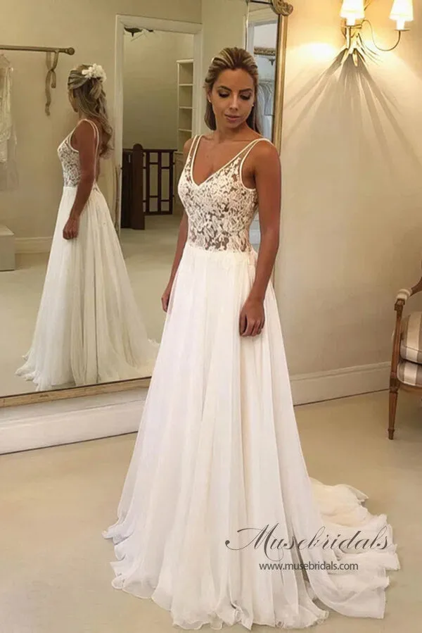 Chiffon A-line V-neck Open Back Wedding Dresses With Lace Appliques, MW810