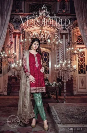 Chiffon dress by Maria b in red maroon color with perl threds sequence and embroidery Model #C 563