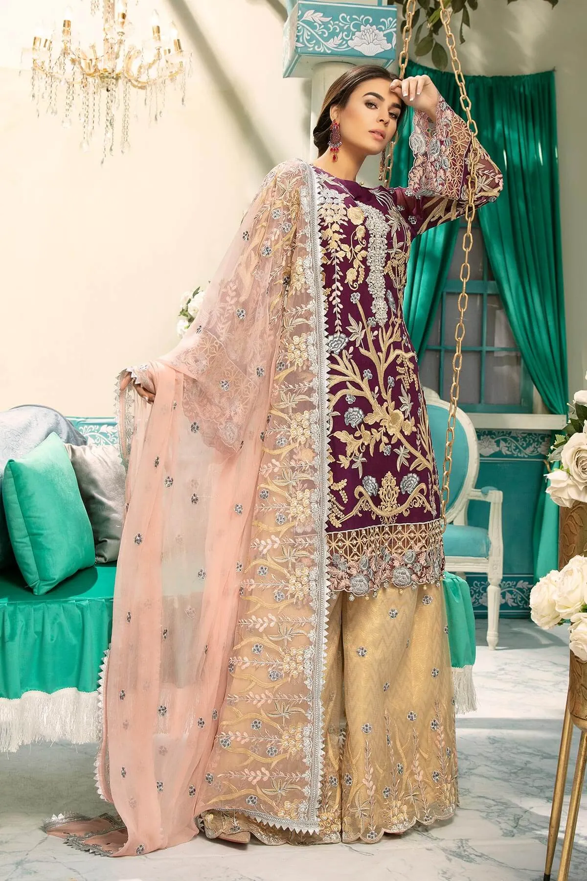 Chiffon embroidered eid outfit for girls in plum and golden color # P2476