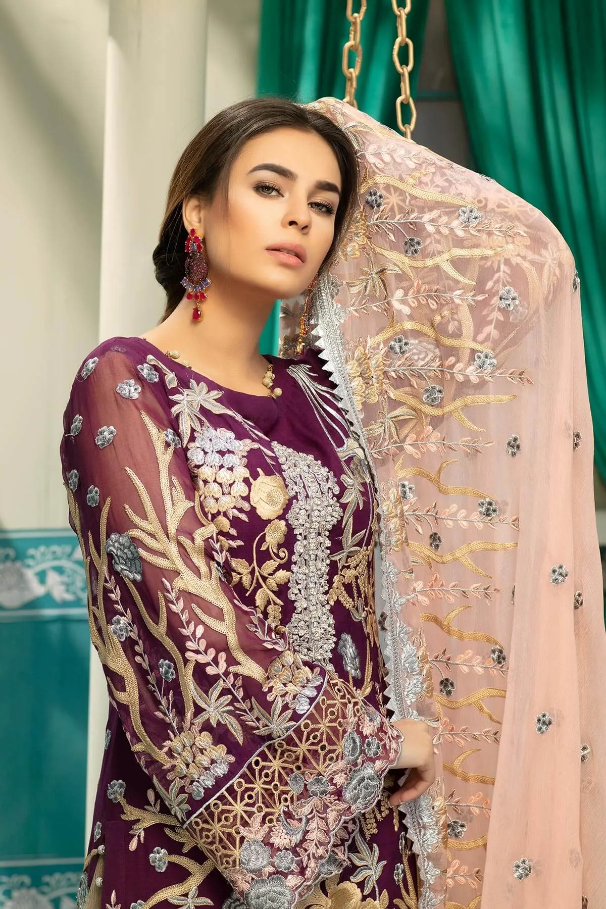 Chiffon embroidered eid outfit for girls in plum and golden color # P2476