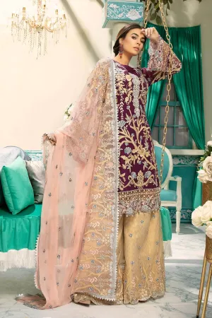Chiffon embroidered eid outfit for girls in plum and golden color # P2476