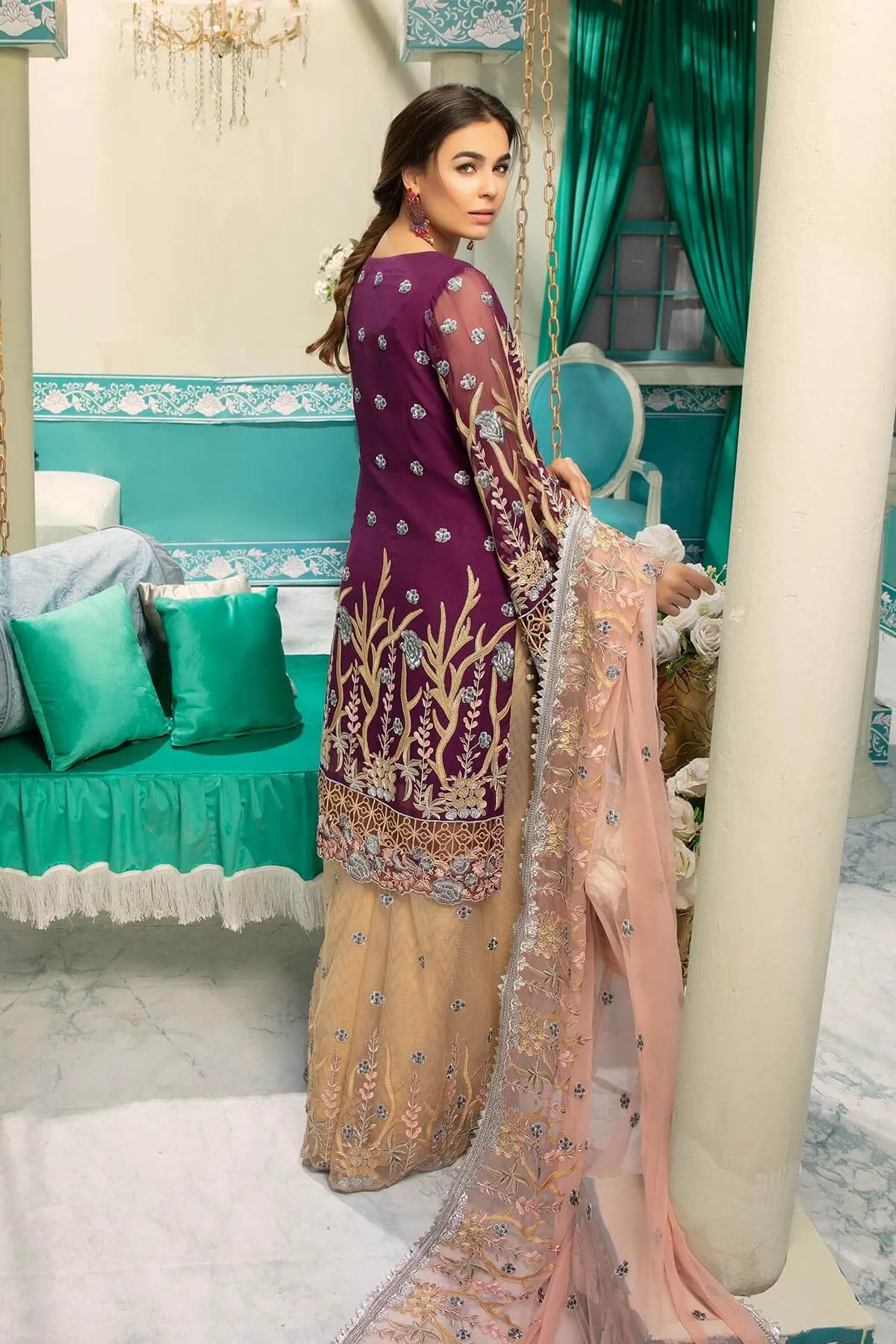 Chiffon embroidered eid outfit for girls in plum and golden color # P2476